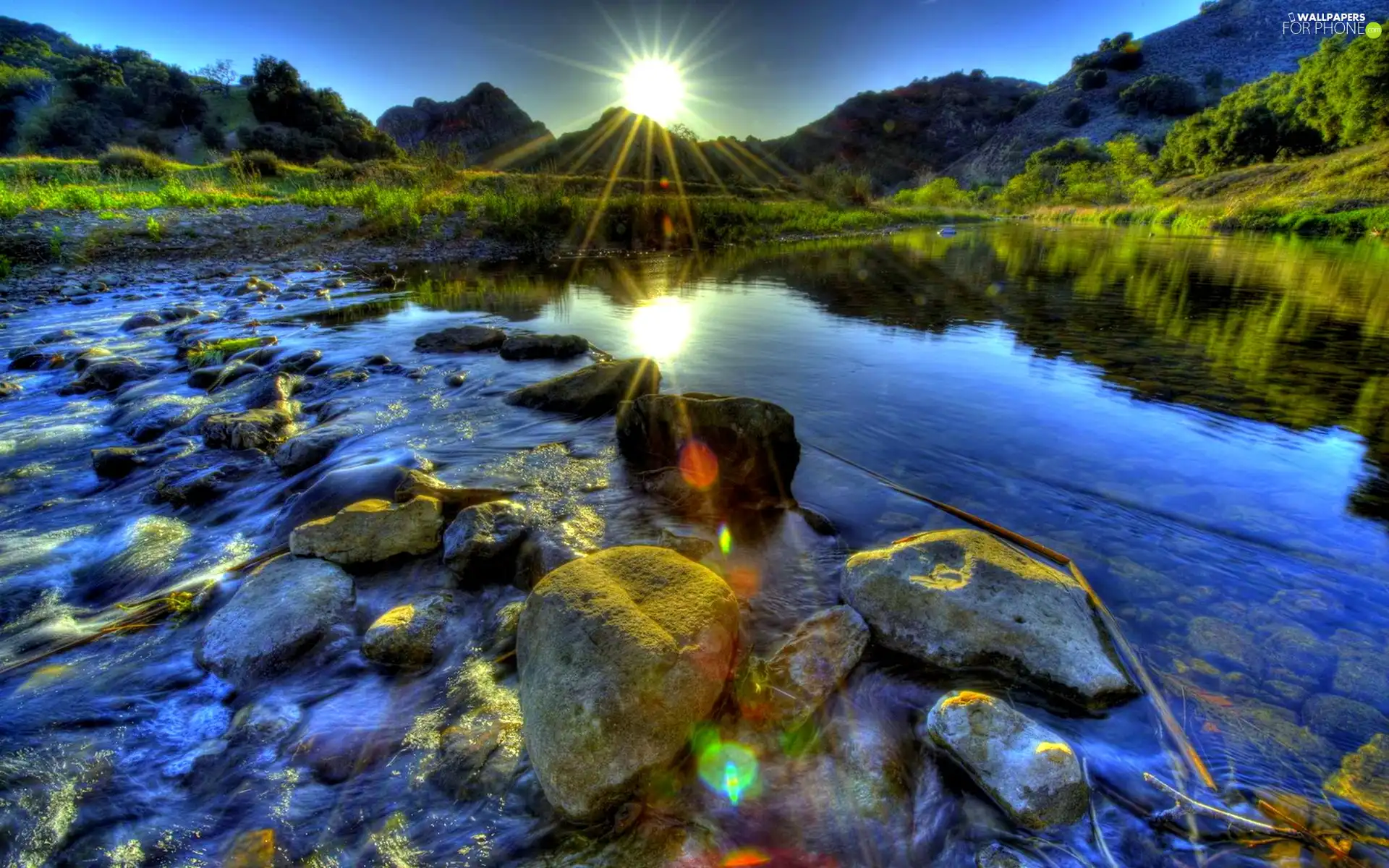 sun, Mountains, Stones, lake