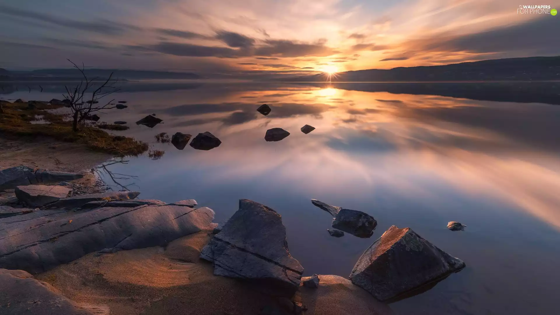 Norway, Stones, Sunrise, Lake Tyrifjorden