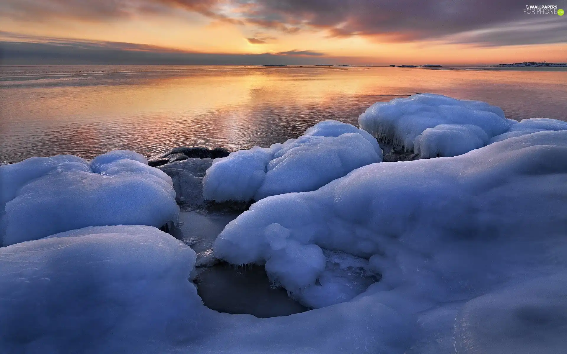Stones, Great Sunsets, lake, icy, winter
