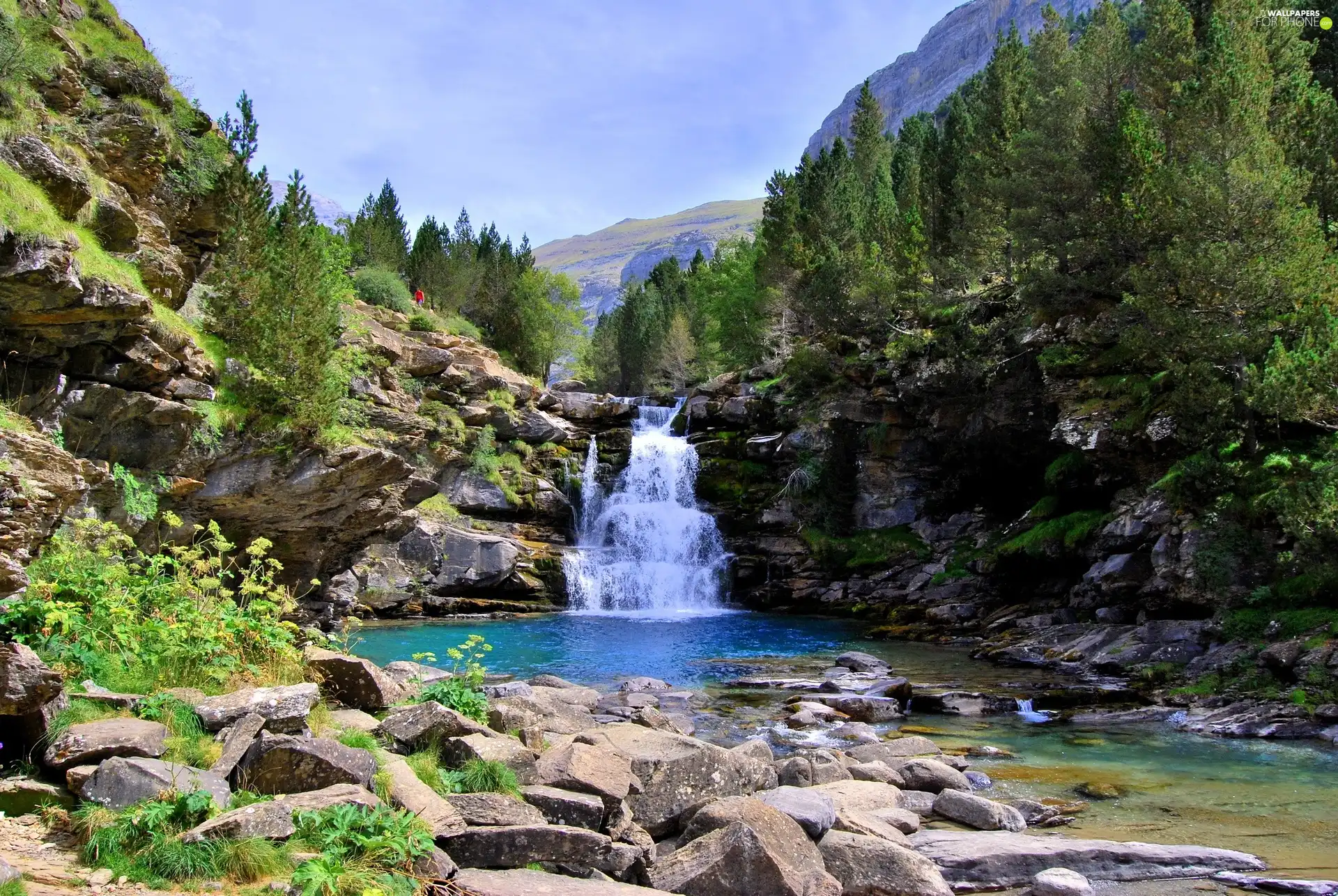 waterfall, rocks, trees, River, Mountains, Stones, viewes