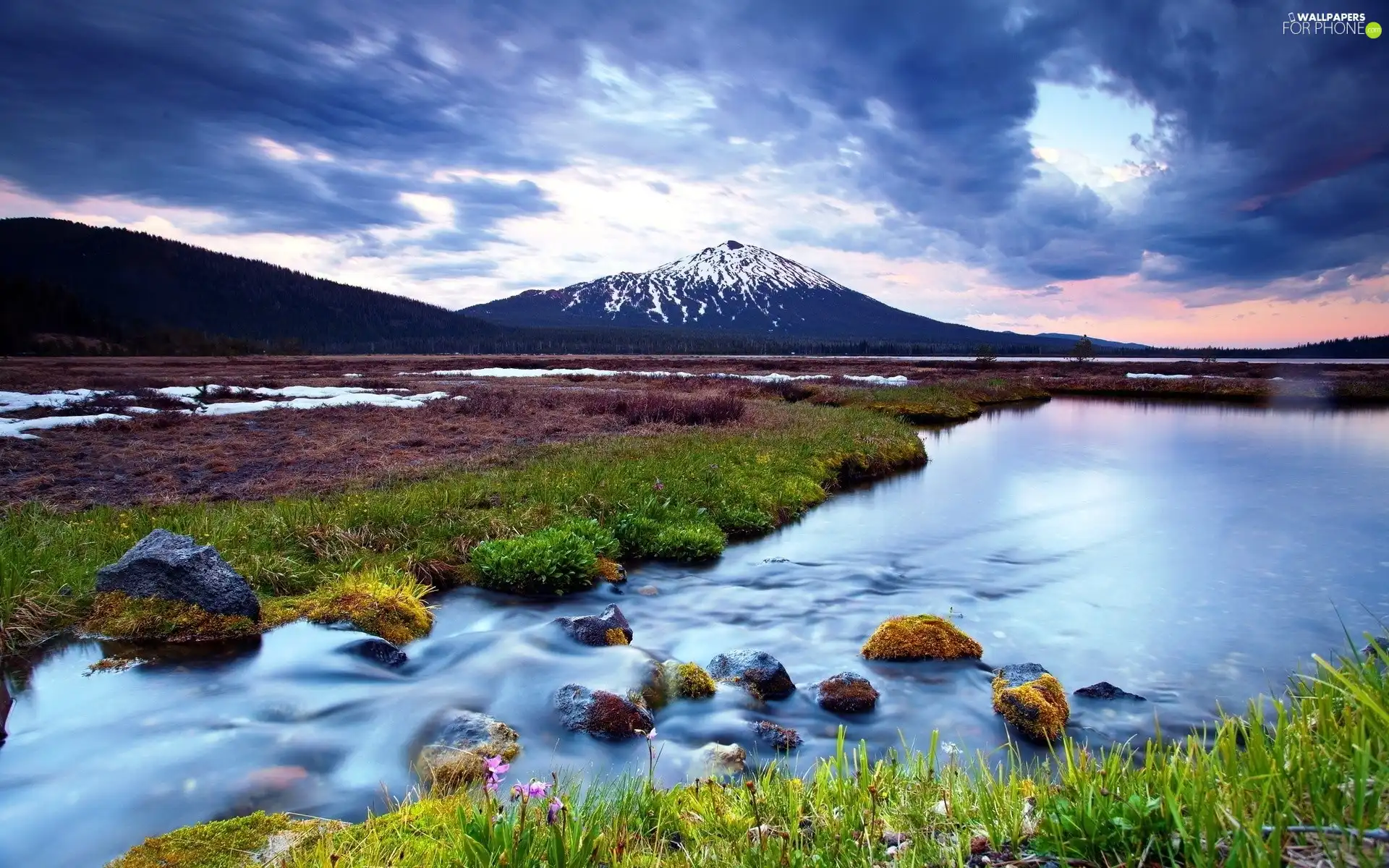 Clouds, Mountains, Stones, water, Sky, woods