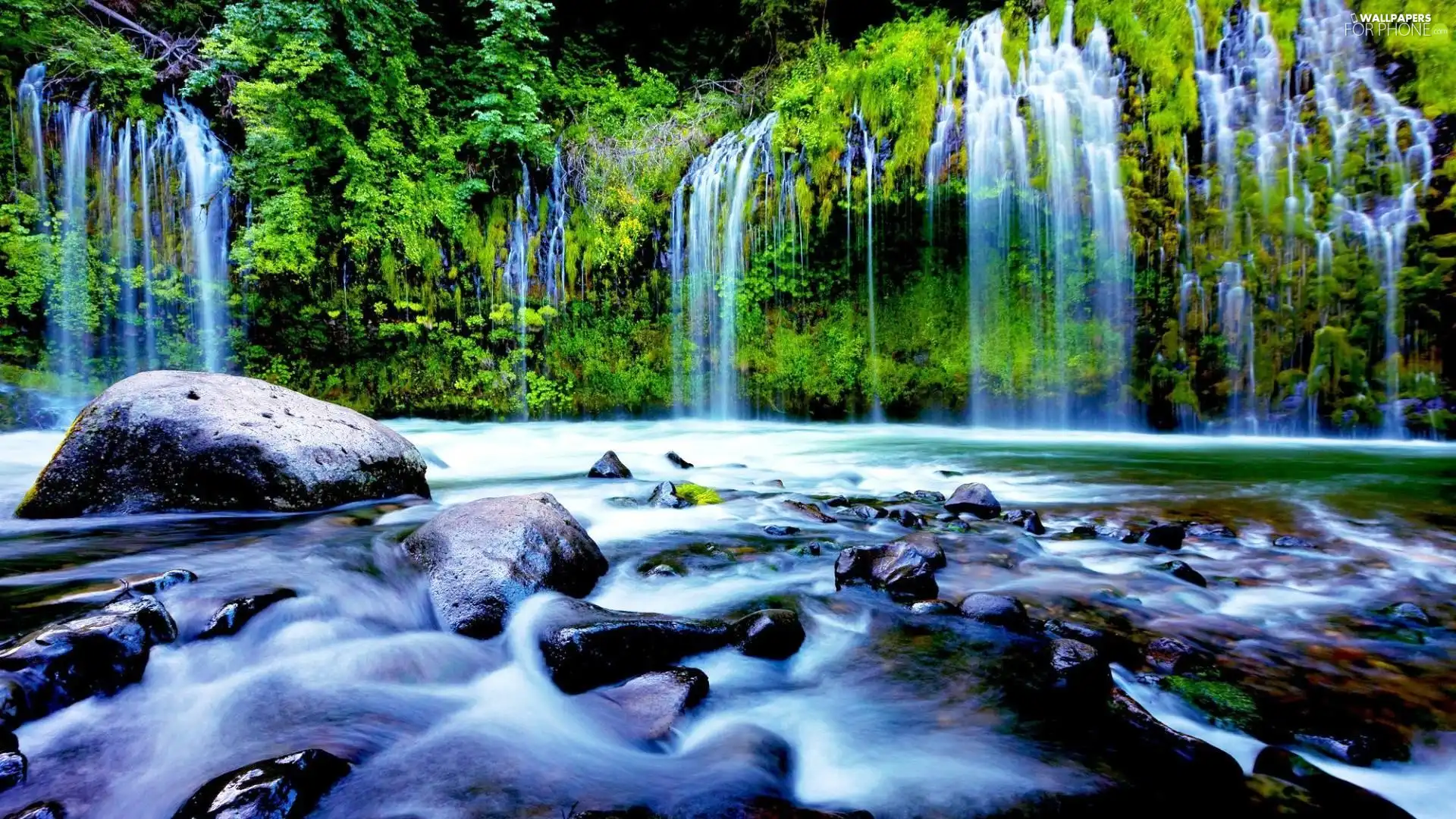 waterfall, lake, Stones, forest