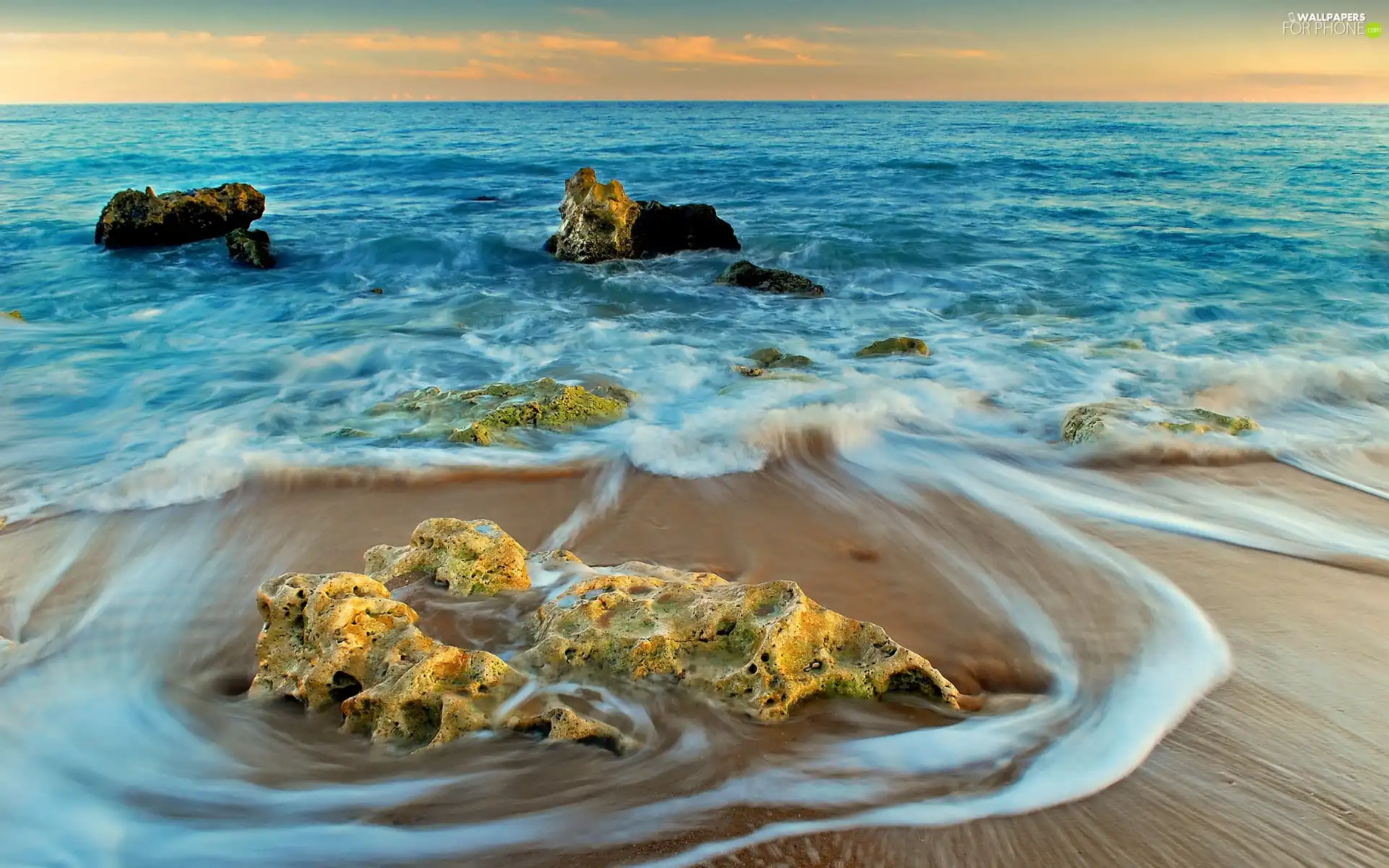 west, sea, Stones rocks, sun