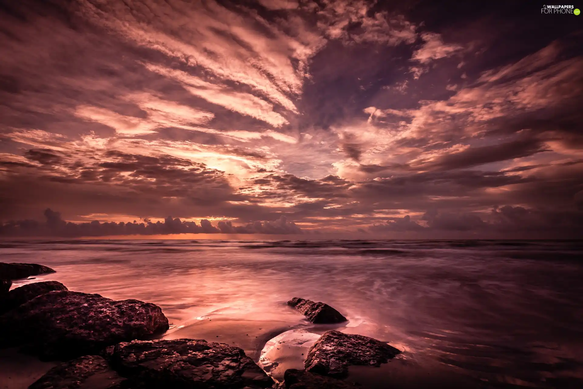 west, sea, Stones, sun