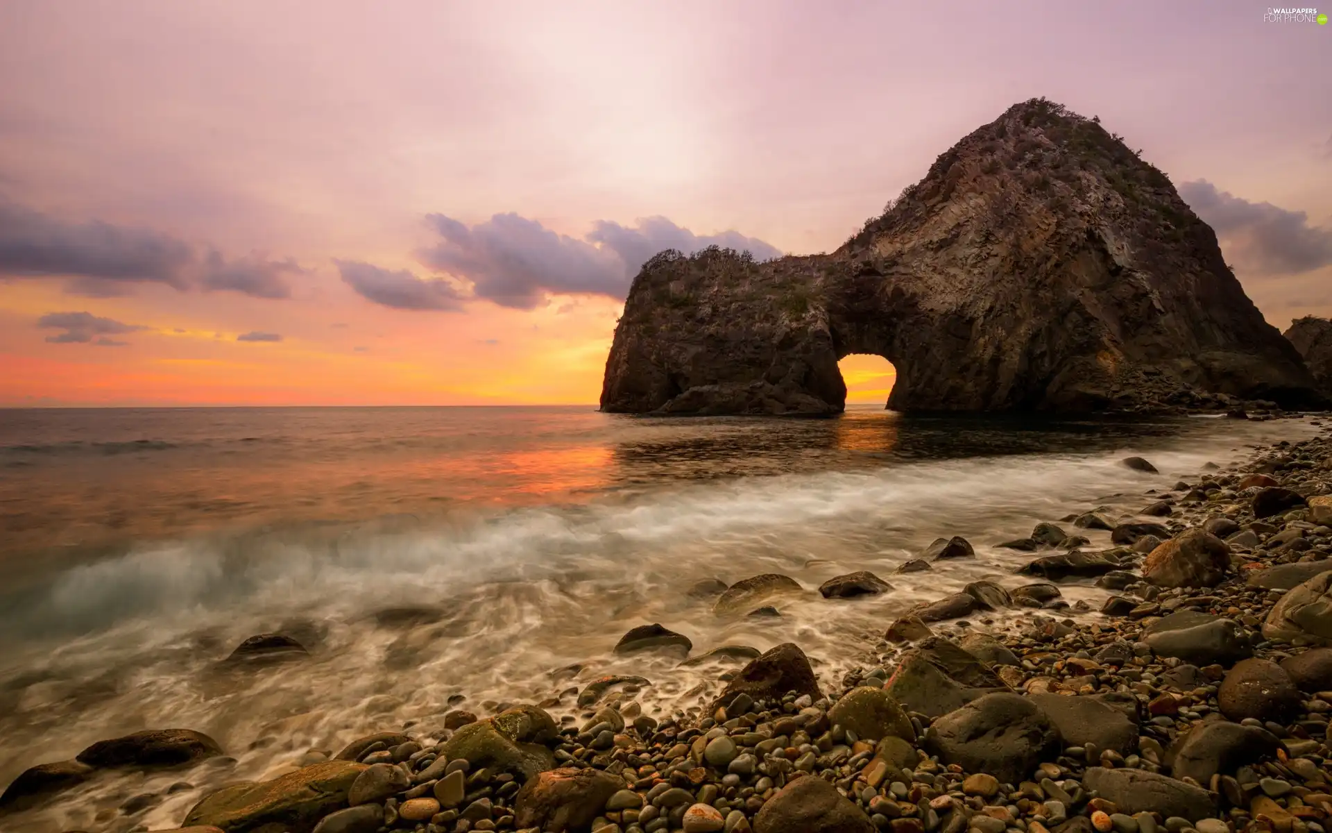 west, sea, Stones, sun