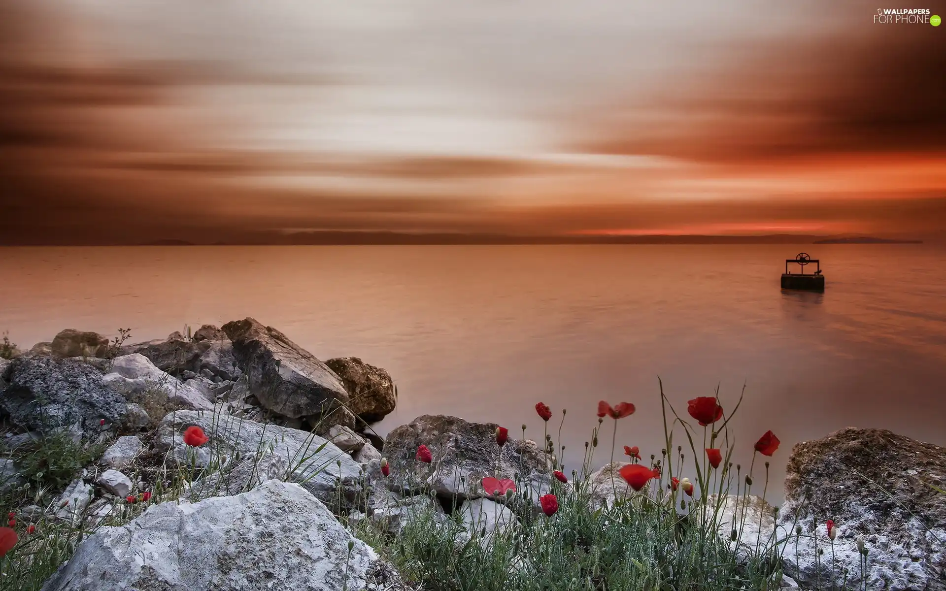 west, sea, Stones, sun