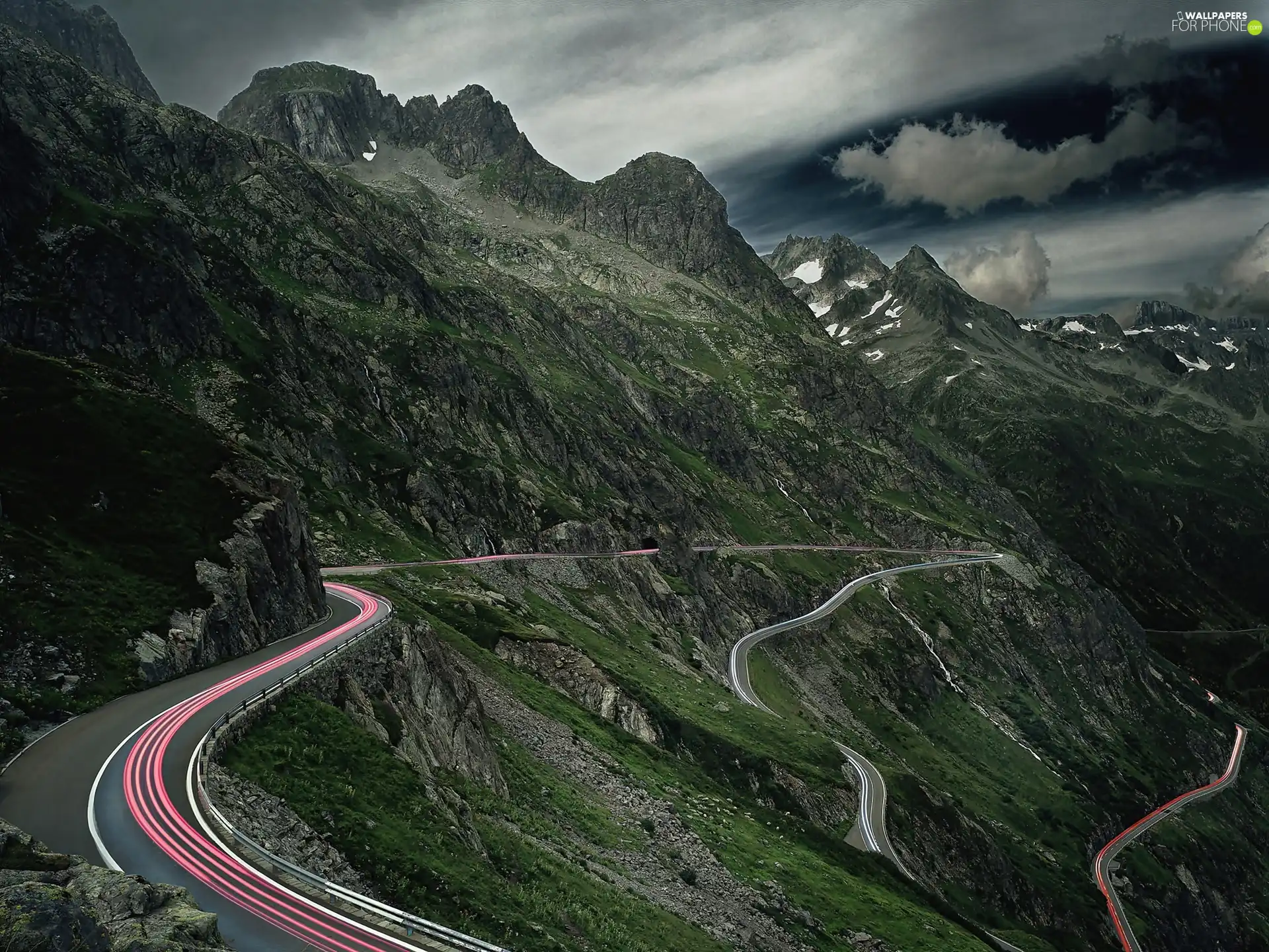 storm, clouds, winding, Way, Mountains