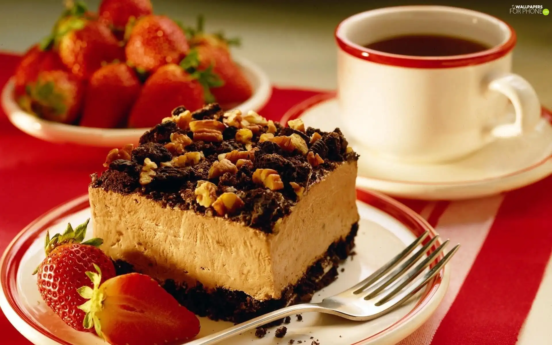 cup, cake, strawberries, coffee