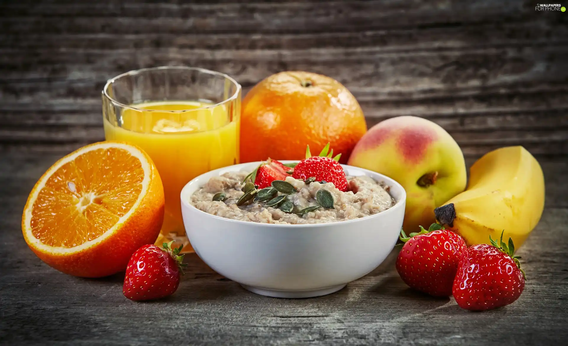 orange, bowl, Banana, oatmeal, composition, strawberries, juice