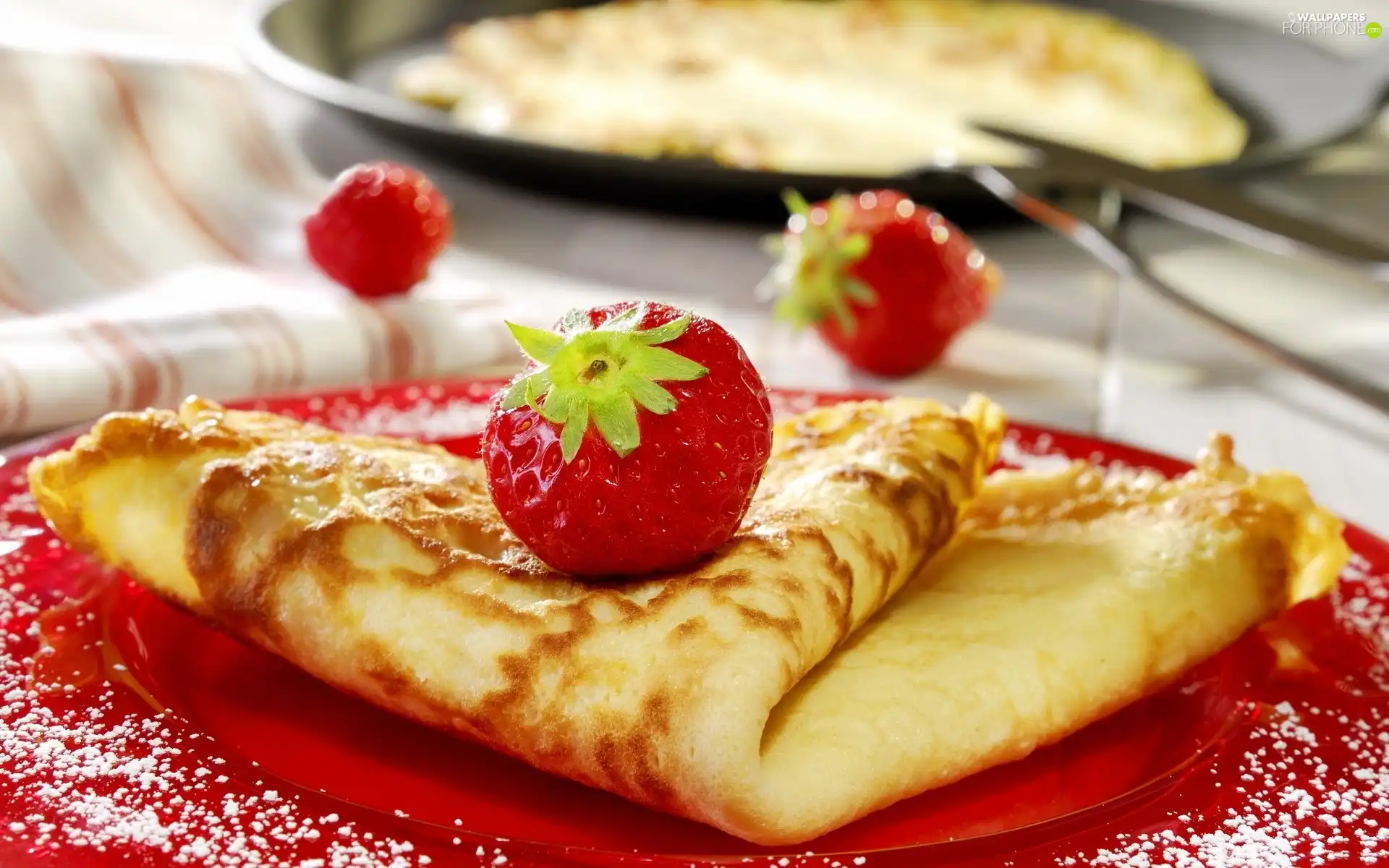 strawberries, plate, pancakes