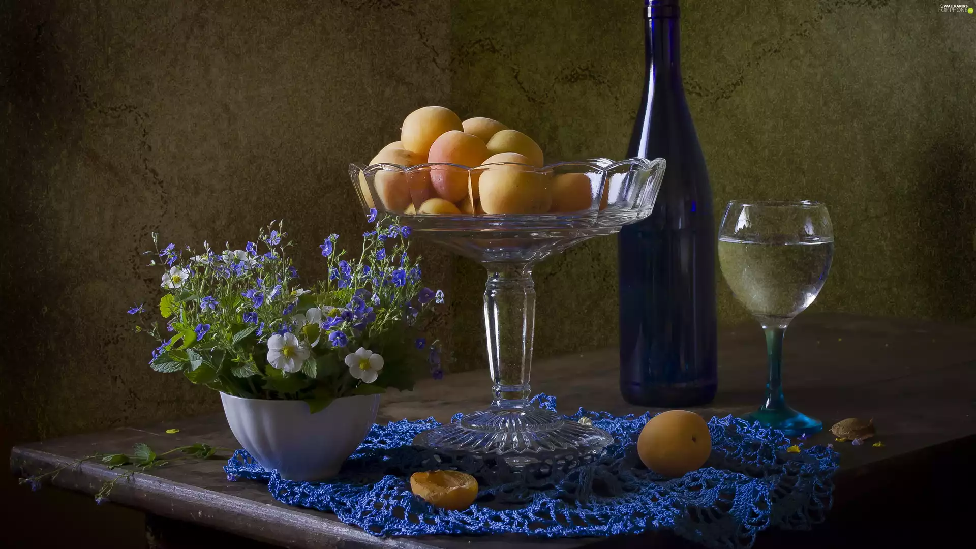 strawberries, plateau, Bottle, Blue, glass, composition, apricots, tablecloth, speedwell, Flowers