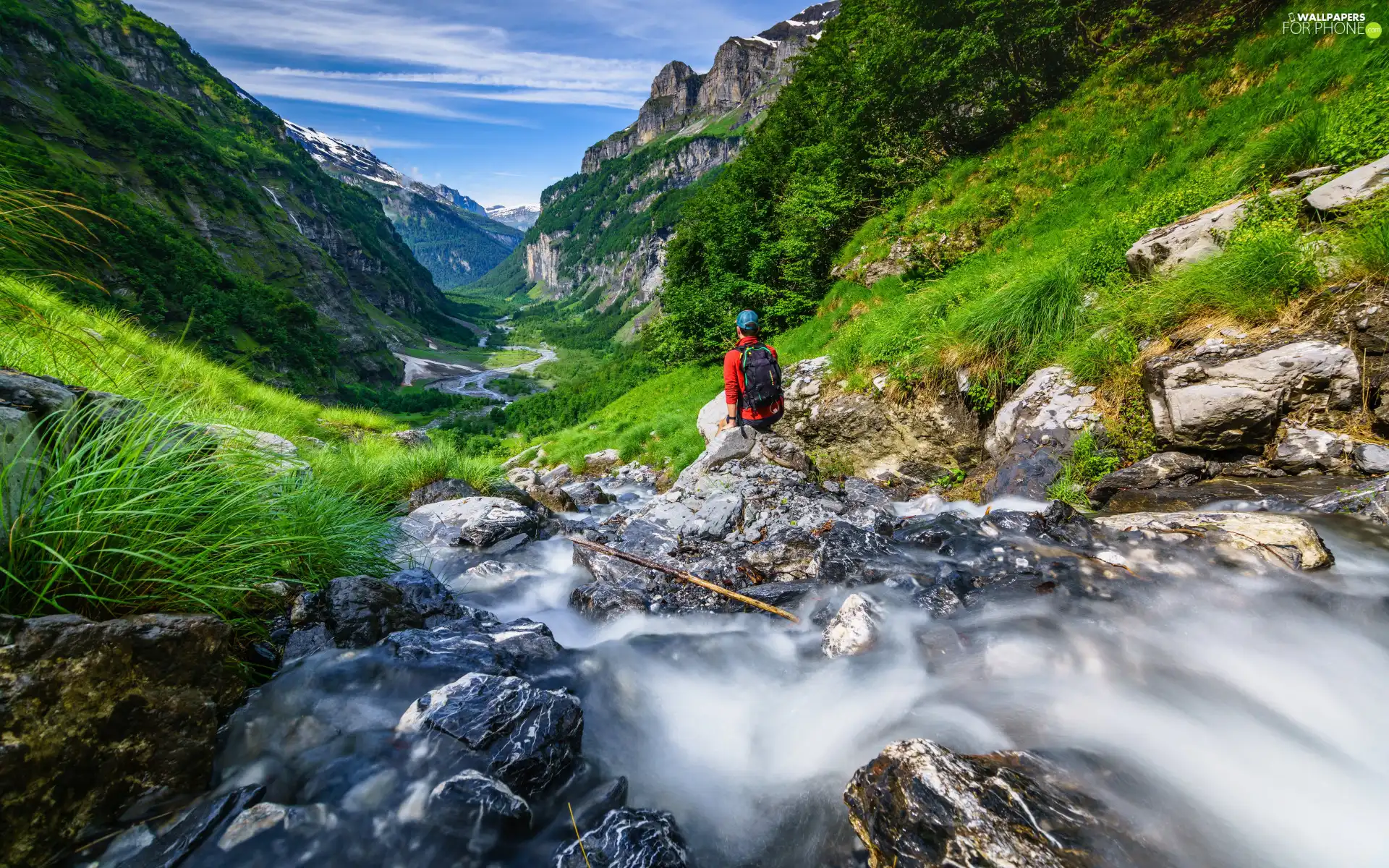 trees, viewes, Human, VEGETATION, Stones, canyon, Mountains, stream