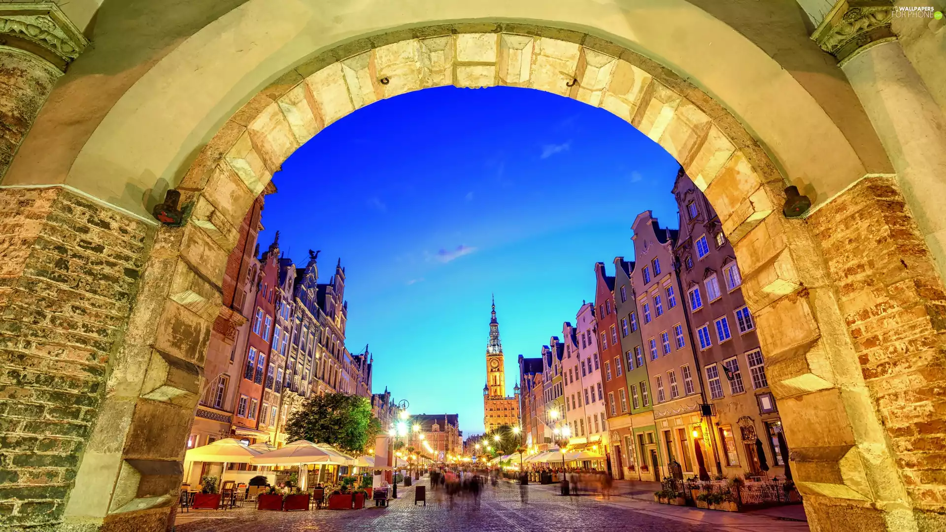 Cafes, Gdańsk, Bow, Street, Poland, lanterns, Gate