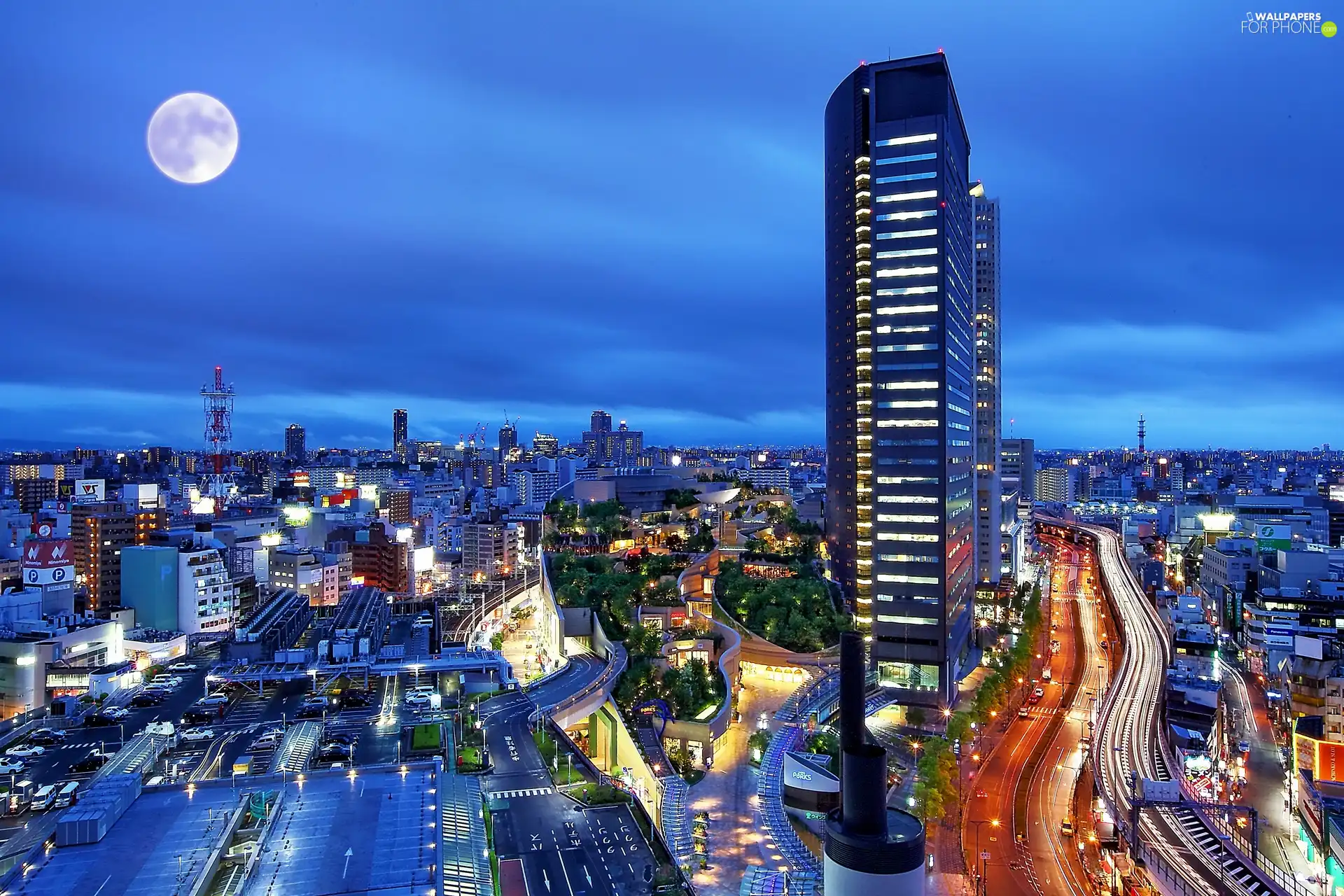 skyscrapers, town, moon, buildings, View, Streets, Sky