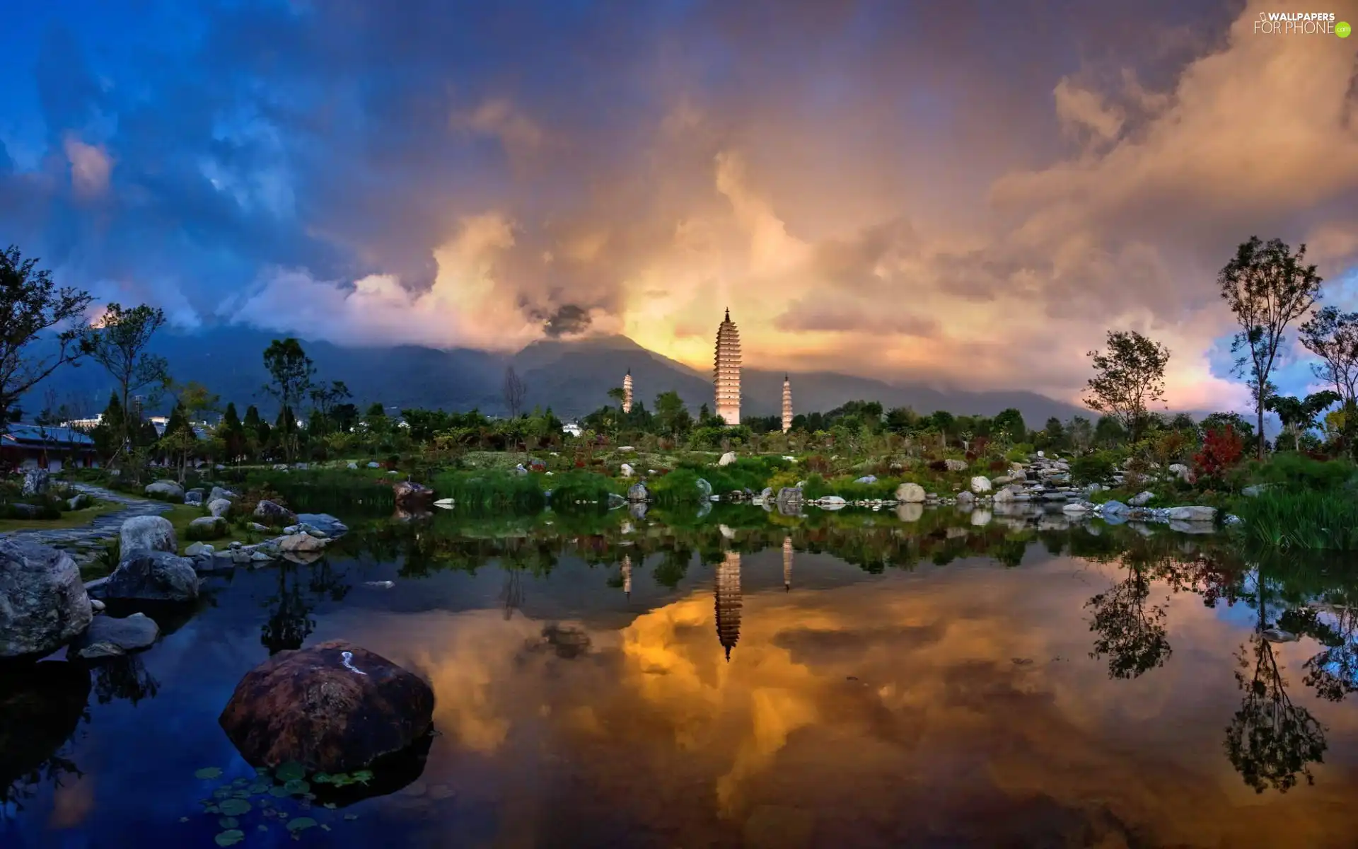 structures, clouds, Stones, high, lake