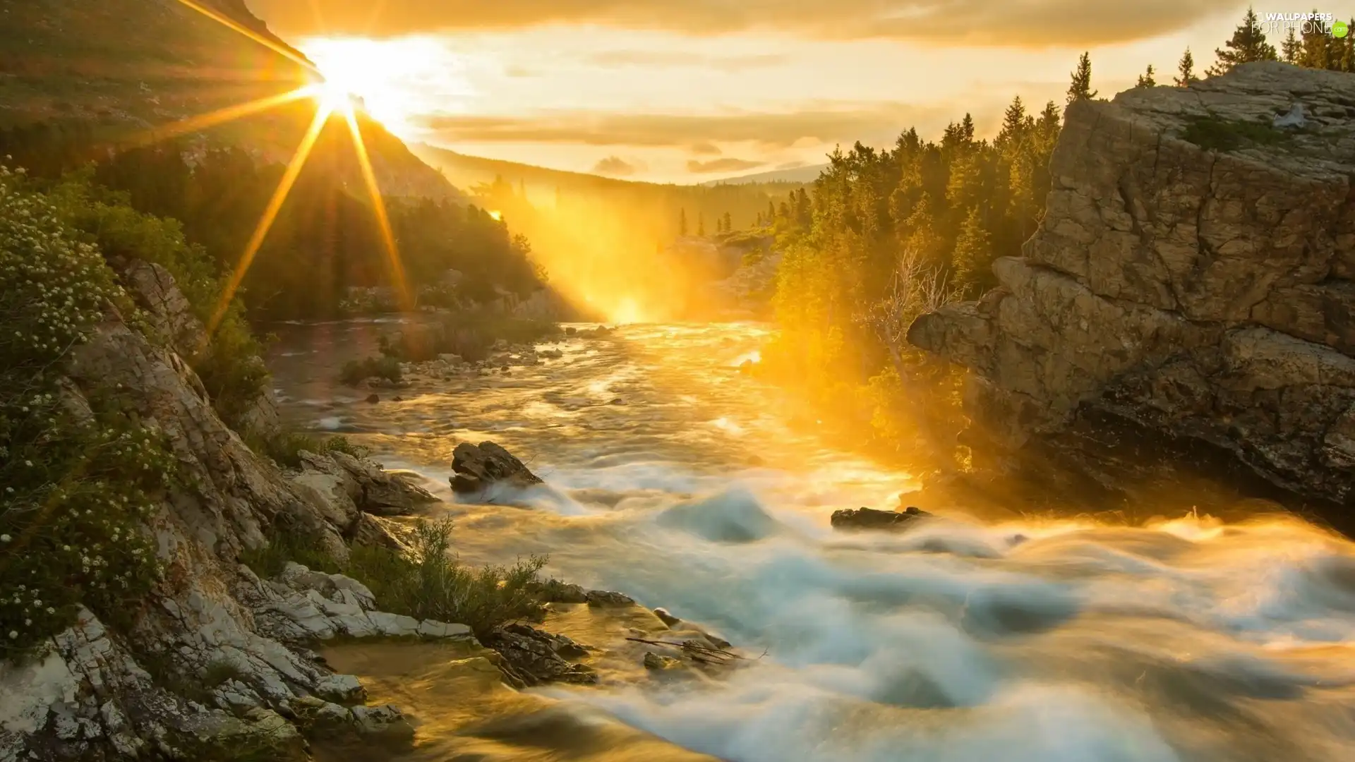 rocks, River, sun, autumn, rays, Mountains