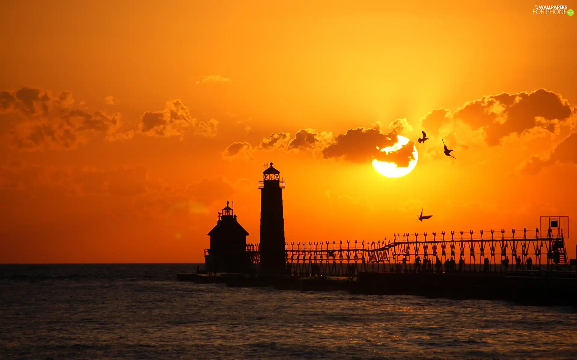 sun, birds, maritime, west, Lighthouse