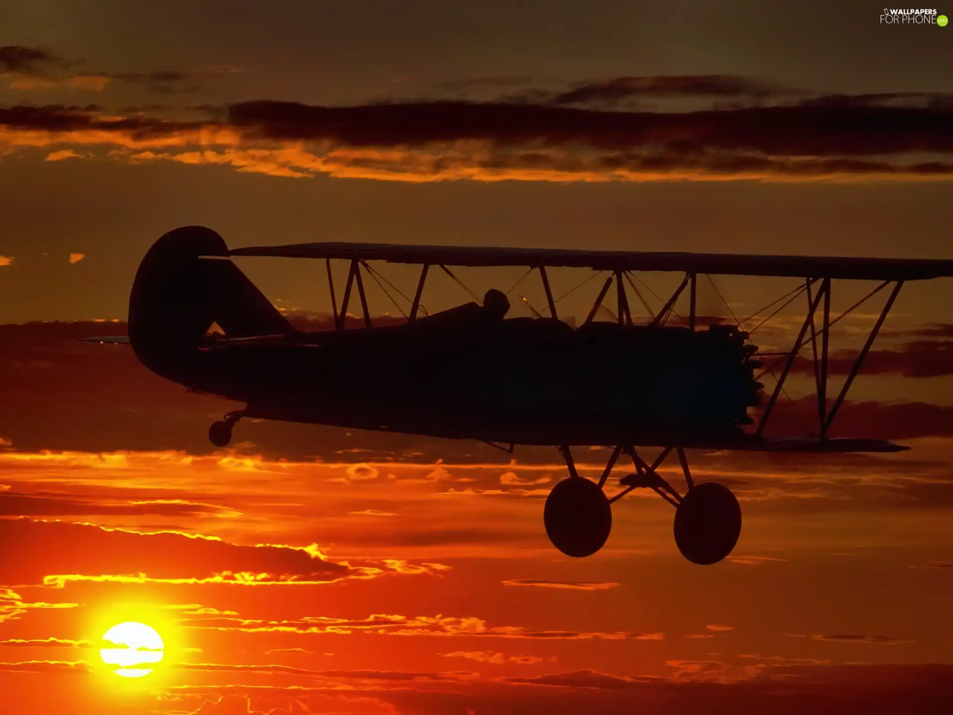 sun, clouds, biplane, west, plane