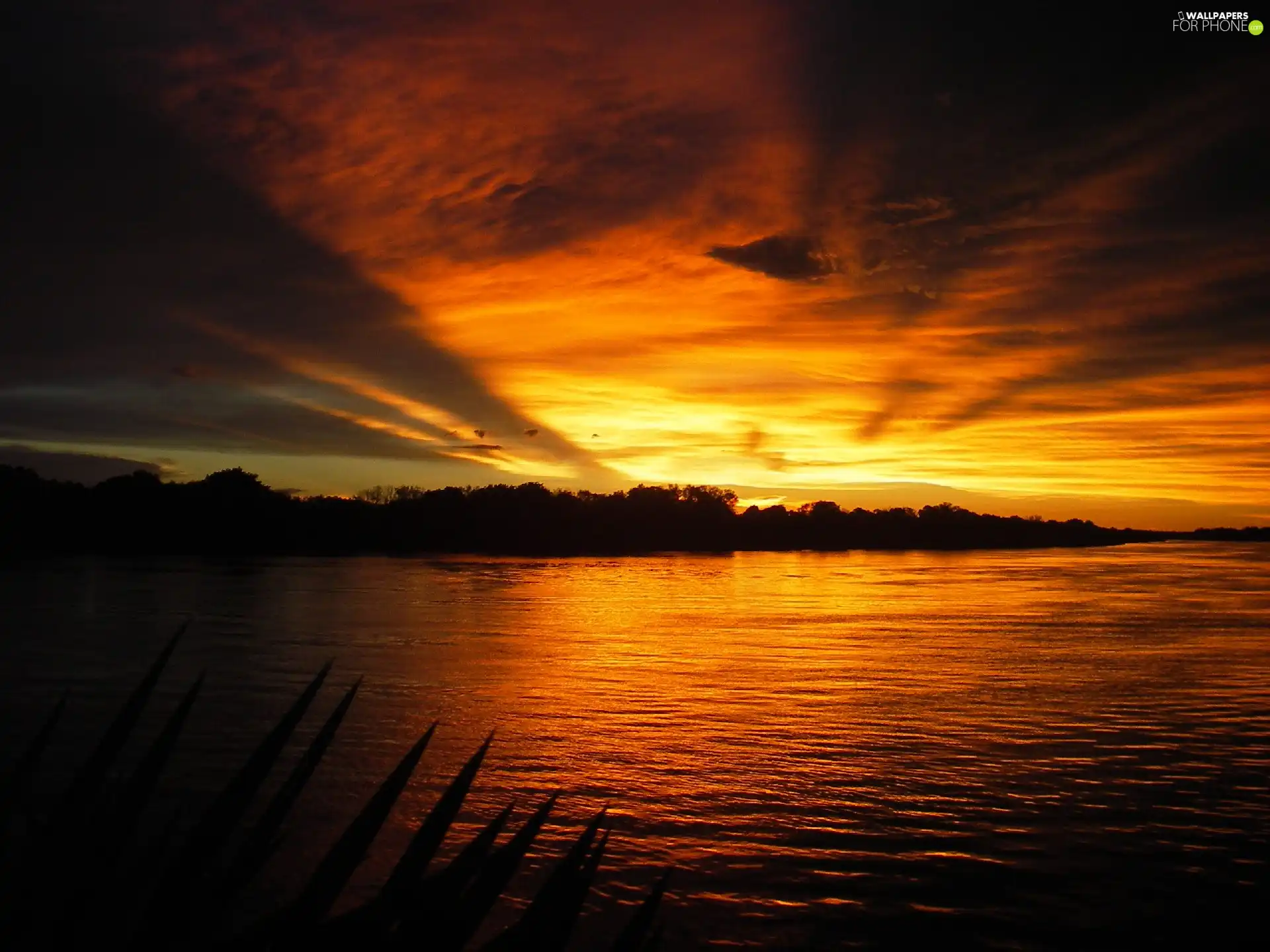 clouds, west, sun, lake