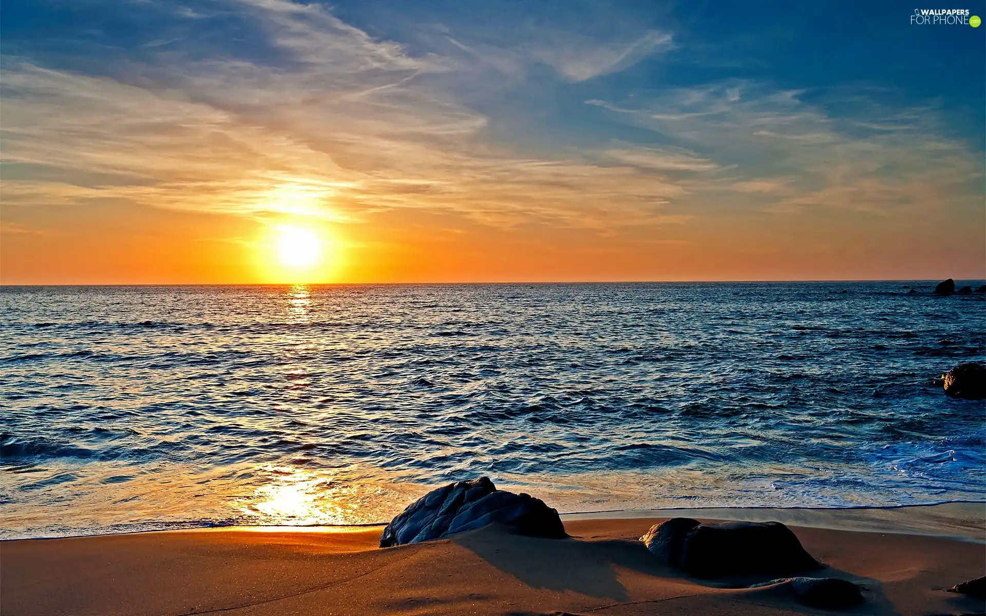 boulders, sea, sun, clouds, west, Beaches