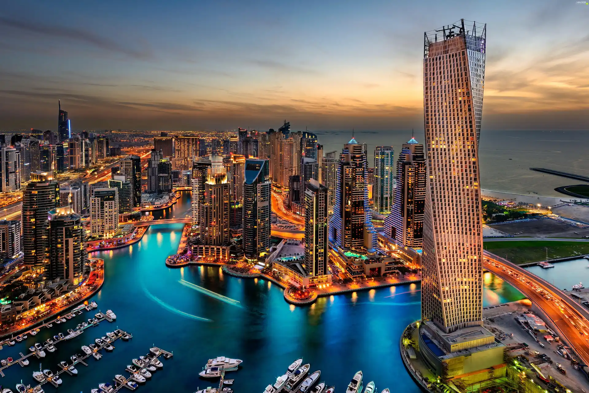 Boats, skyscraper, Dubaj, United Arab Emirates, Great Sunsets, Cayan Tower