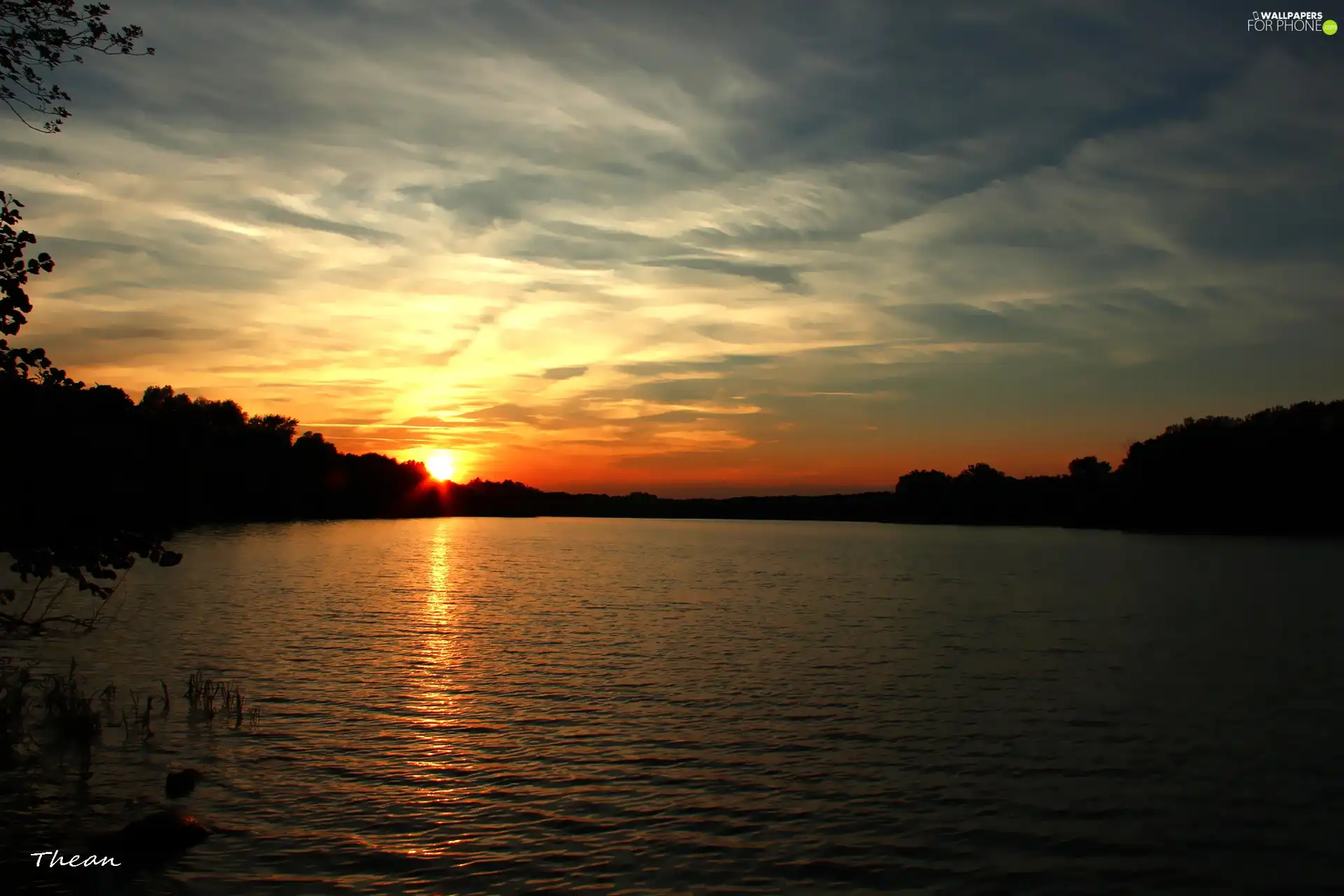 evening, west, sun, lake