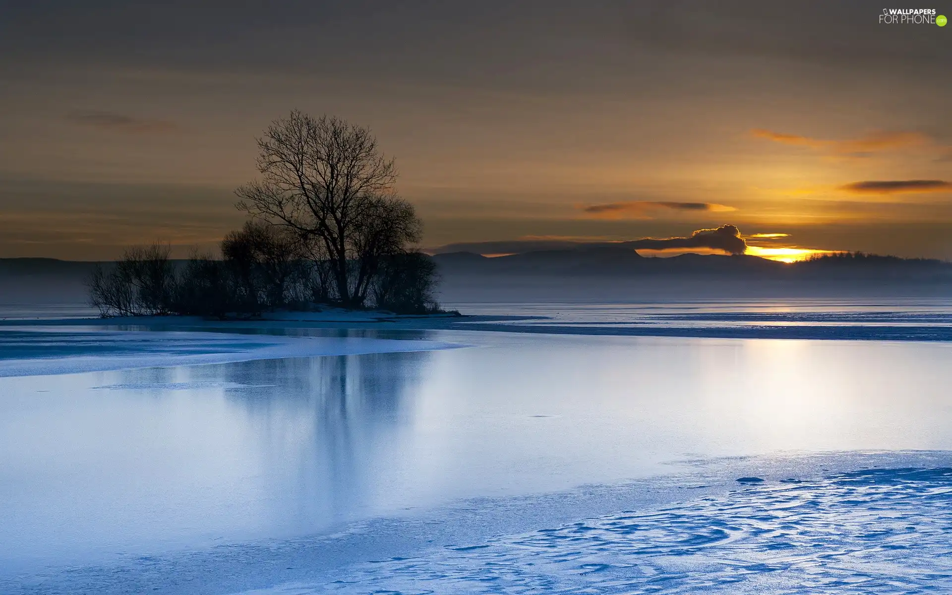 frozen, west, sun, lake