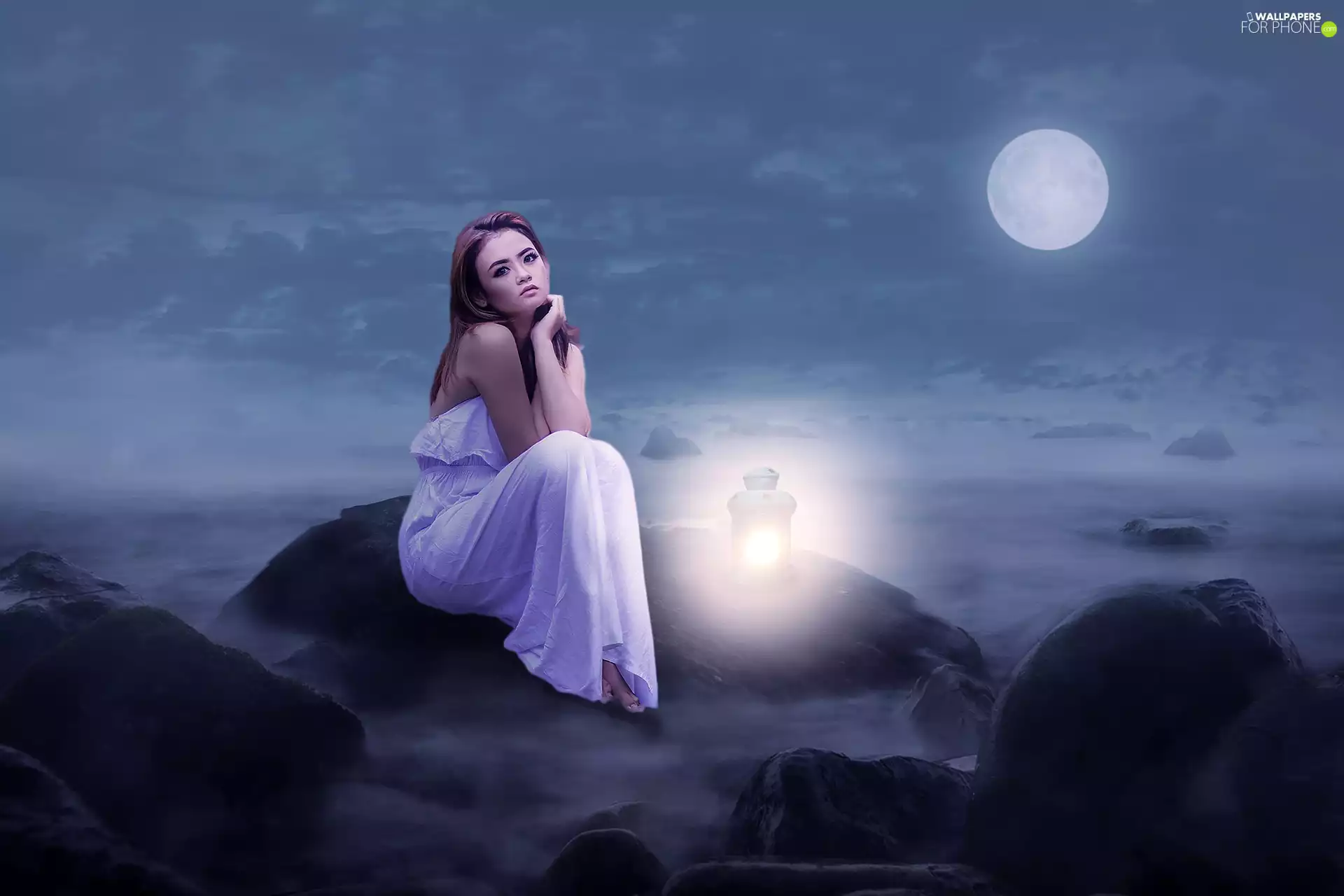 lantern, Night, White, Sky, girl, luminosity, Dress, ligh, sun, Stones, moon, clouds, flash, graphics