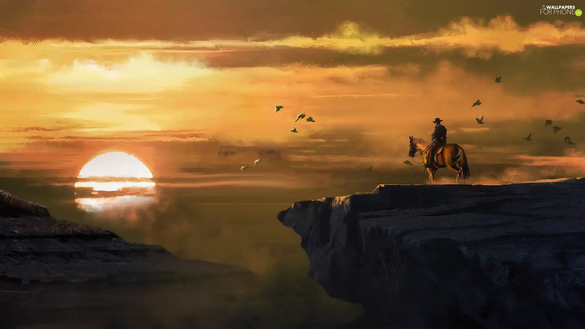 Red Dead Redemption, game, rocks, cowboy, sun, graphics, birds, Fog, Horse