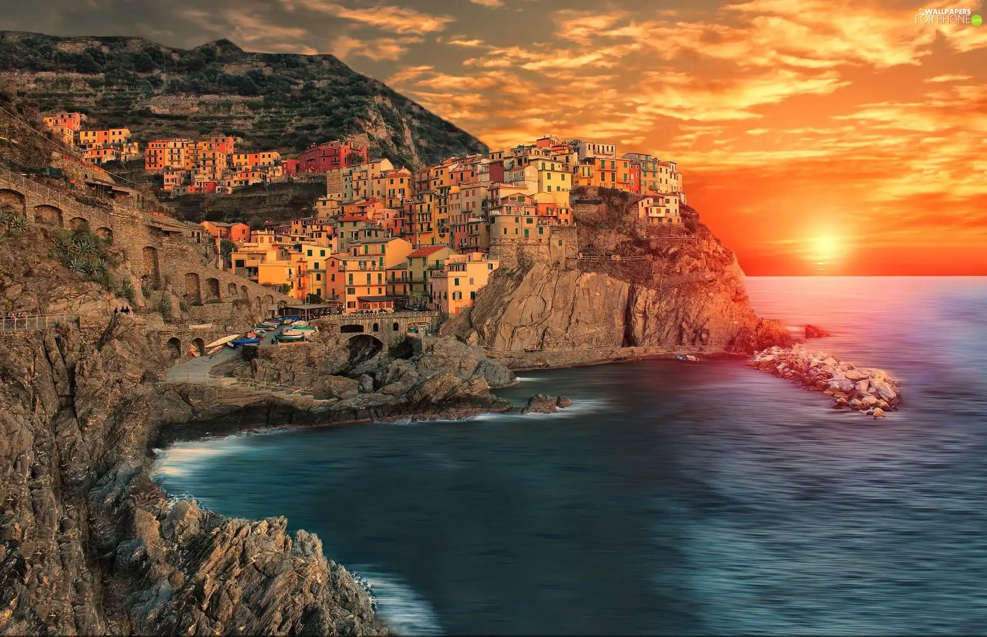 sun, Houses, sea, west, rocks