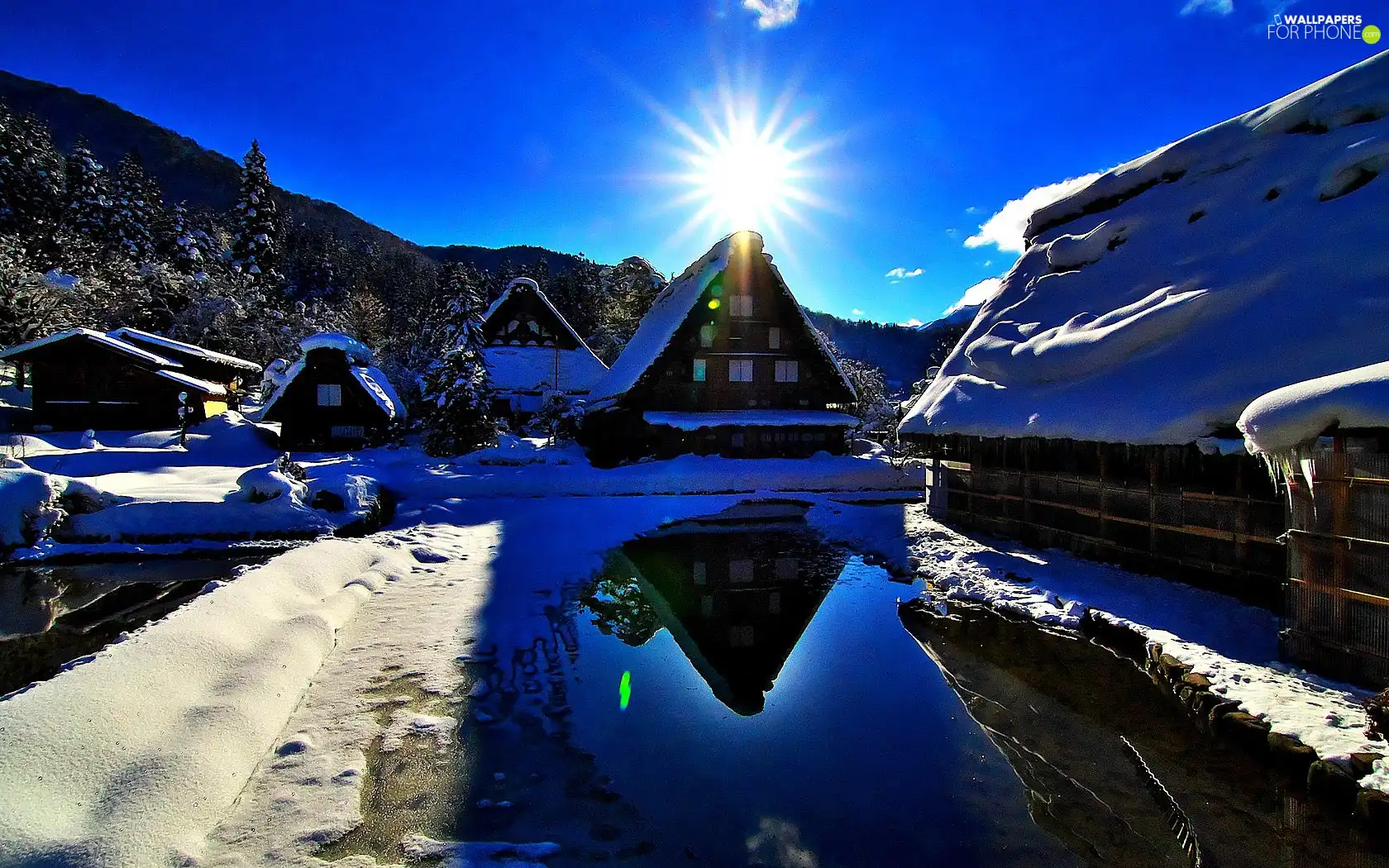 sun, Houses, snow, rays, winter