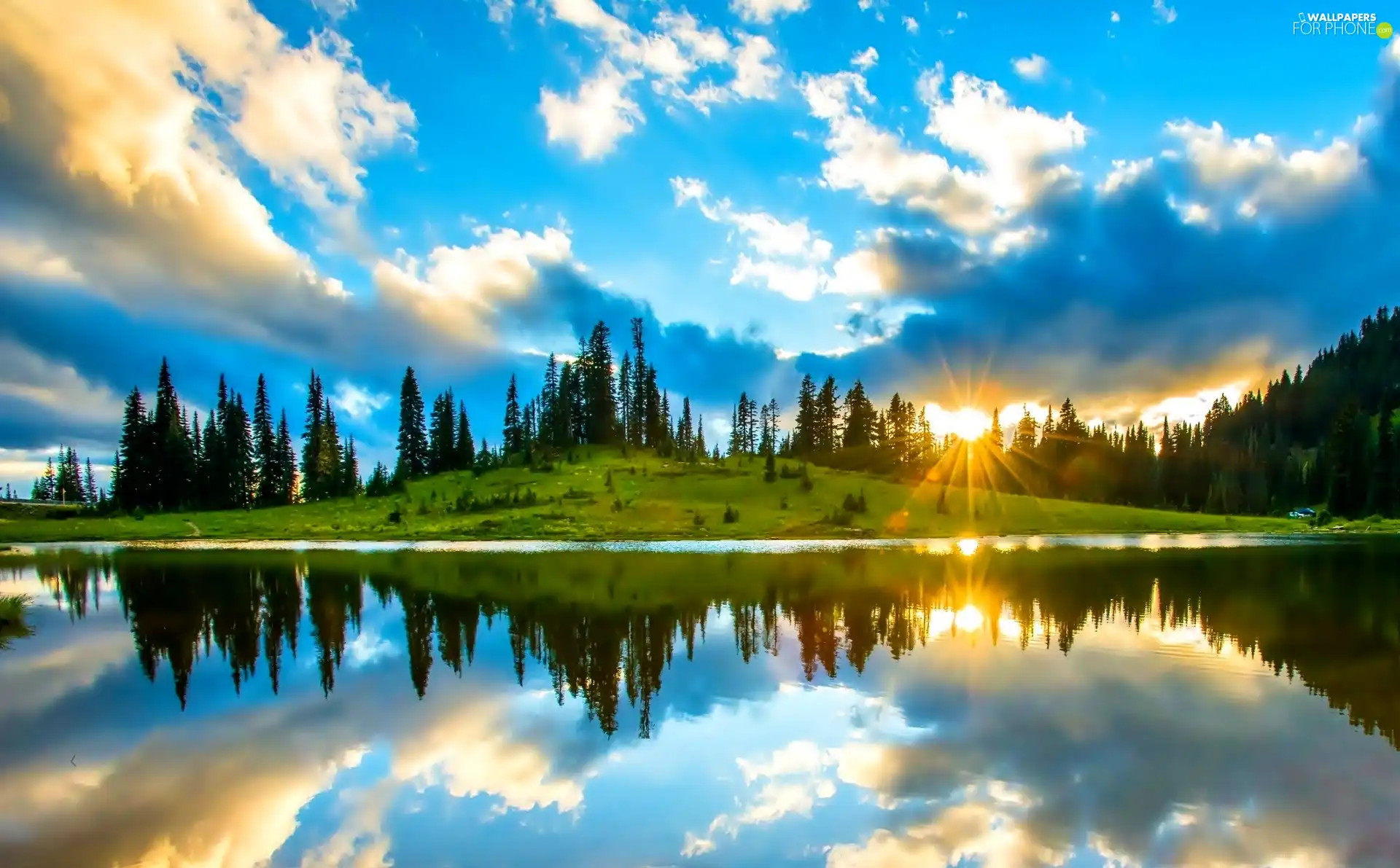 lake, rays, sun, clouds