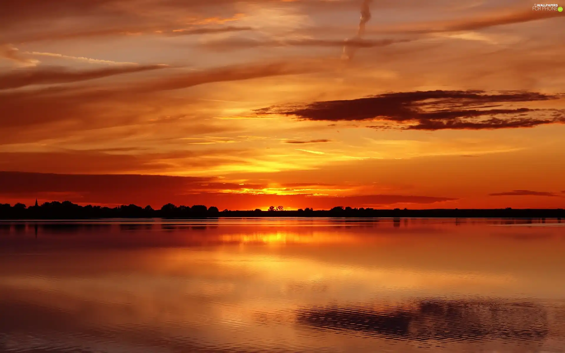 lake, west, sun, horizon