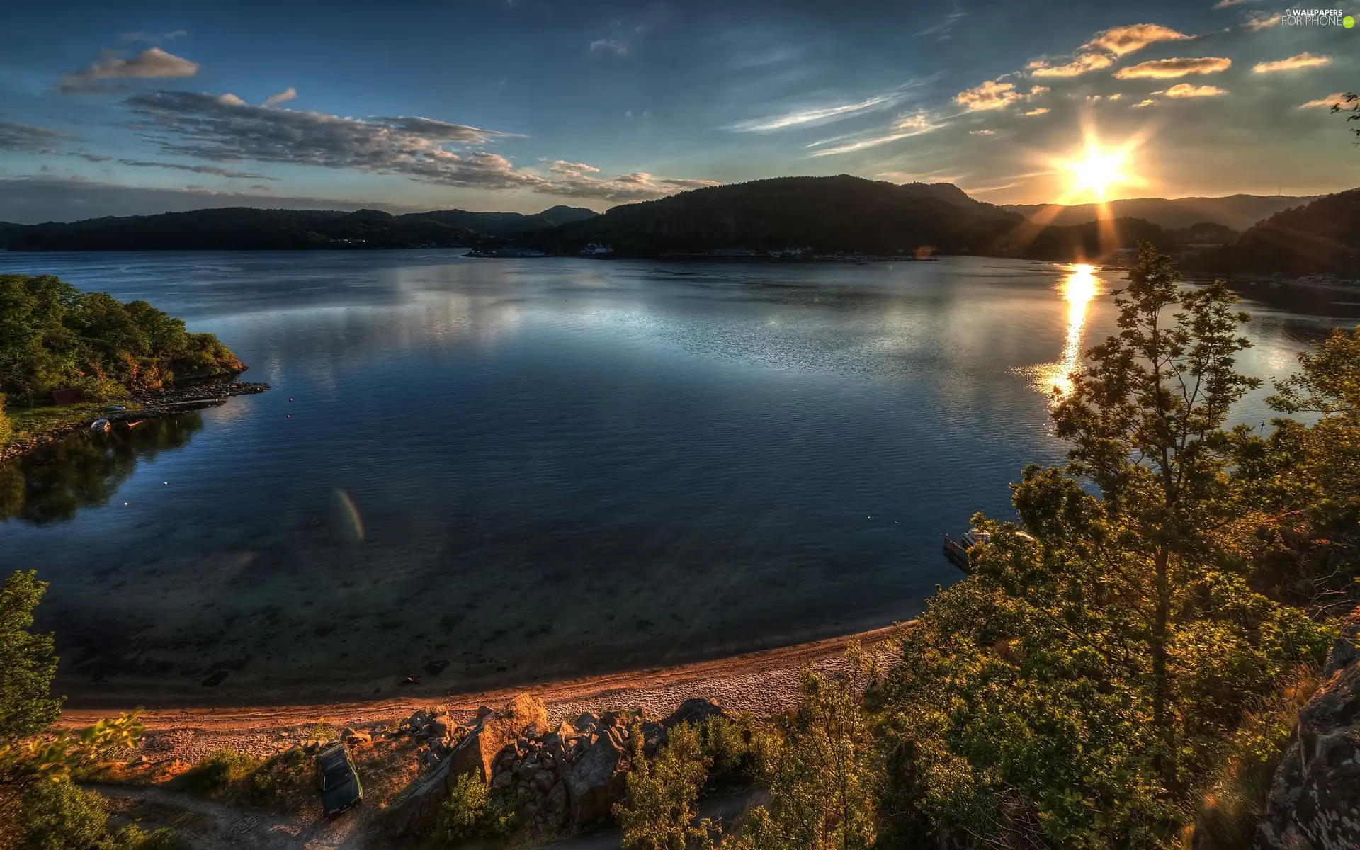 lake, west, sun, Mountains