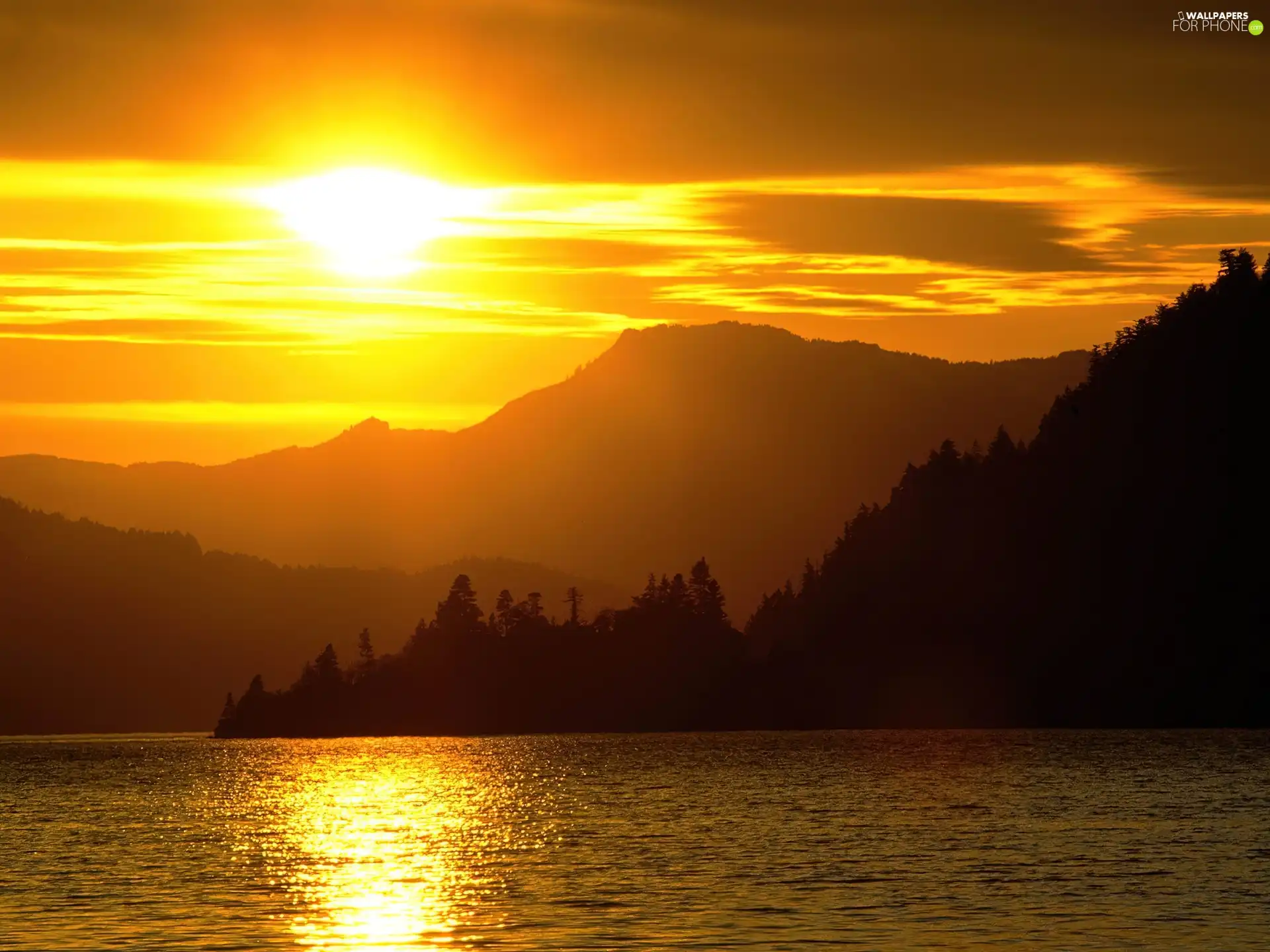 lake, west, sun, Mountains