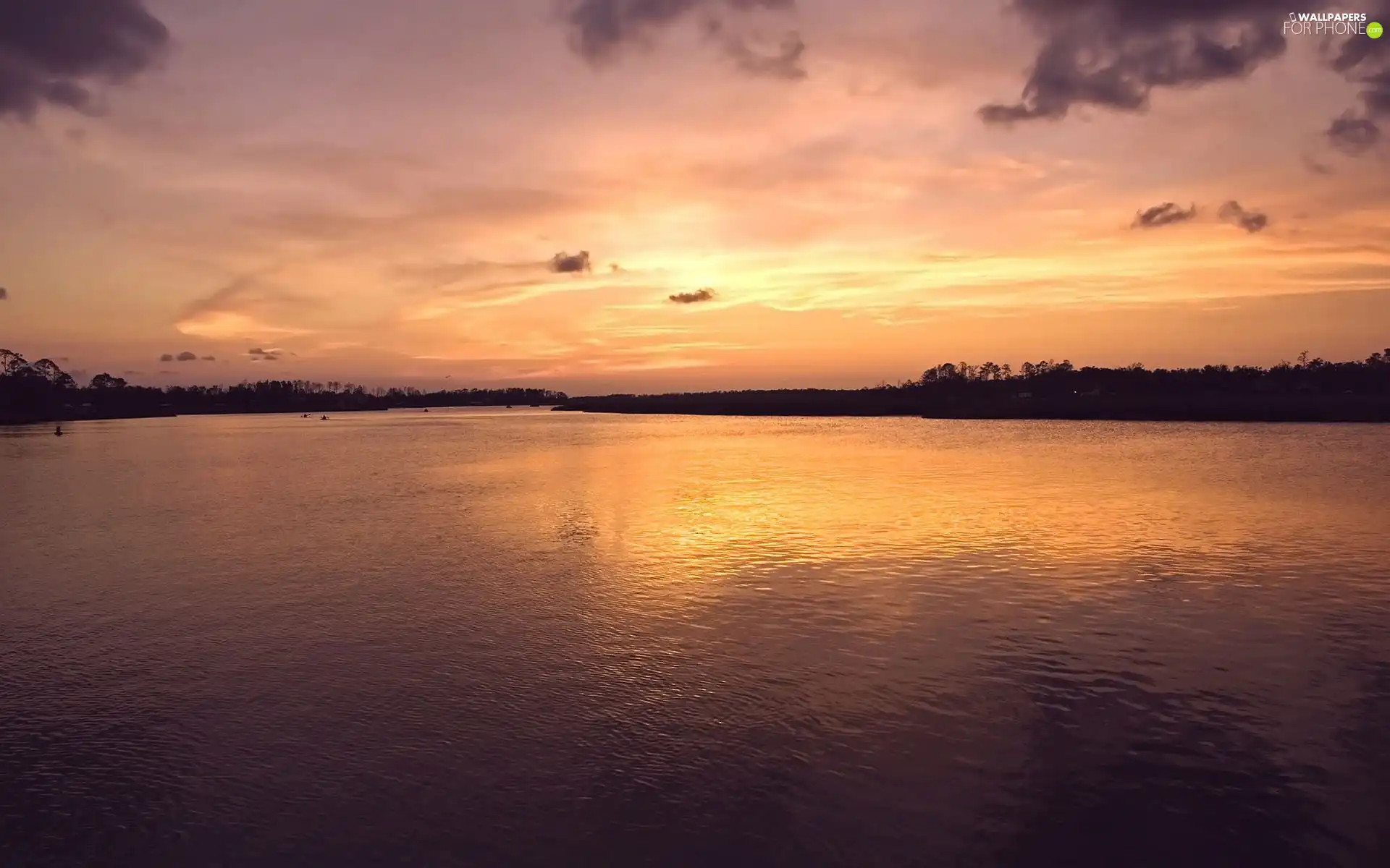 lake, west, sun, Sky