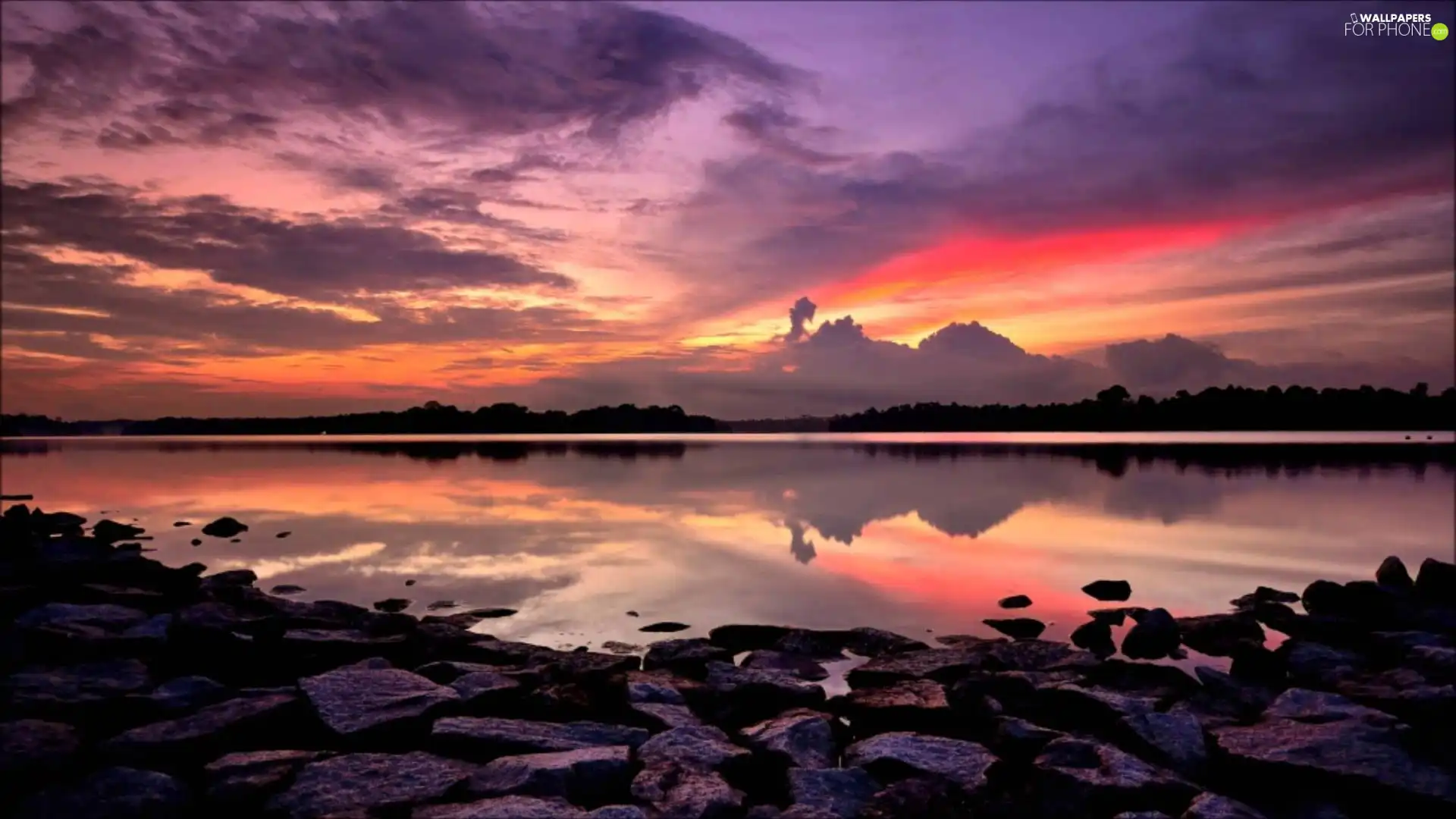 lake, west, sun, Stones