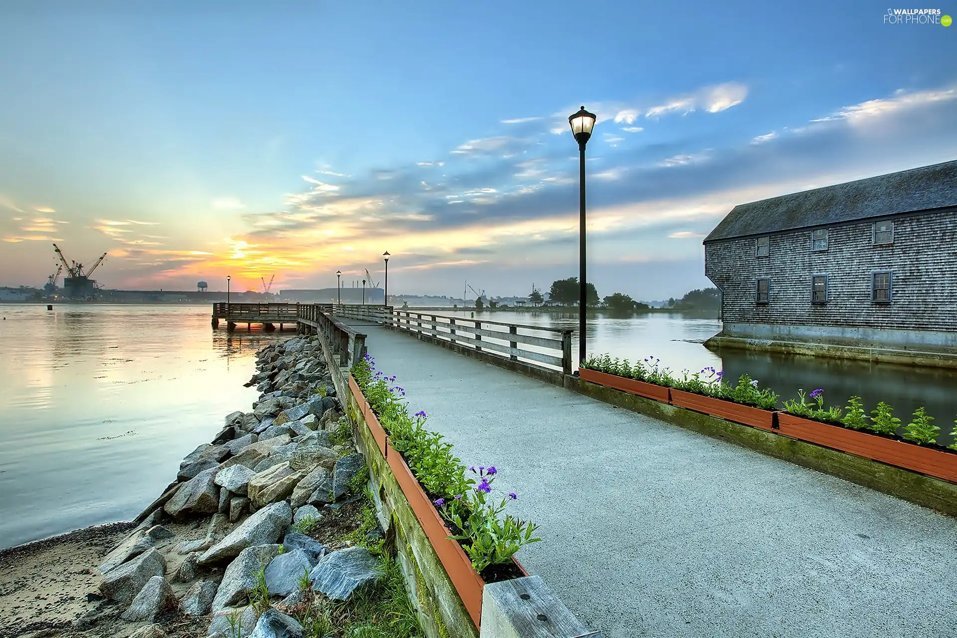 sun, lanterns, pier, west, sea