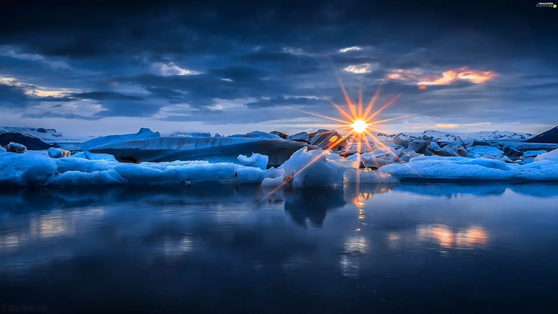 Mountains, rays, sun, ice