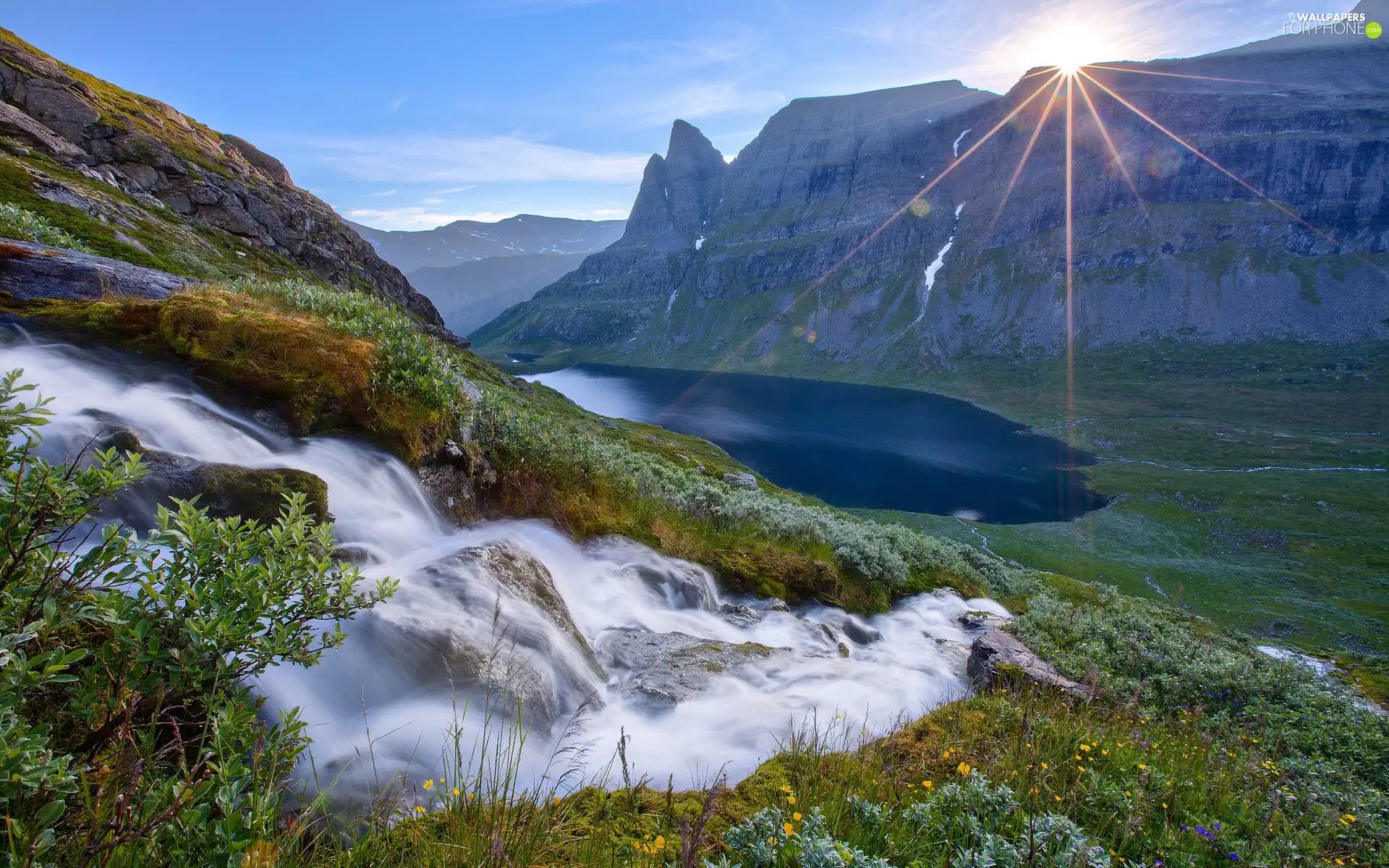 Mountains, rays, sun, waterfall