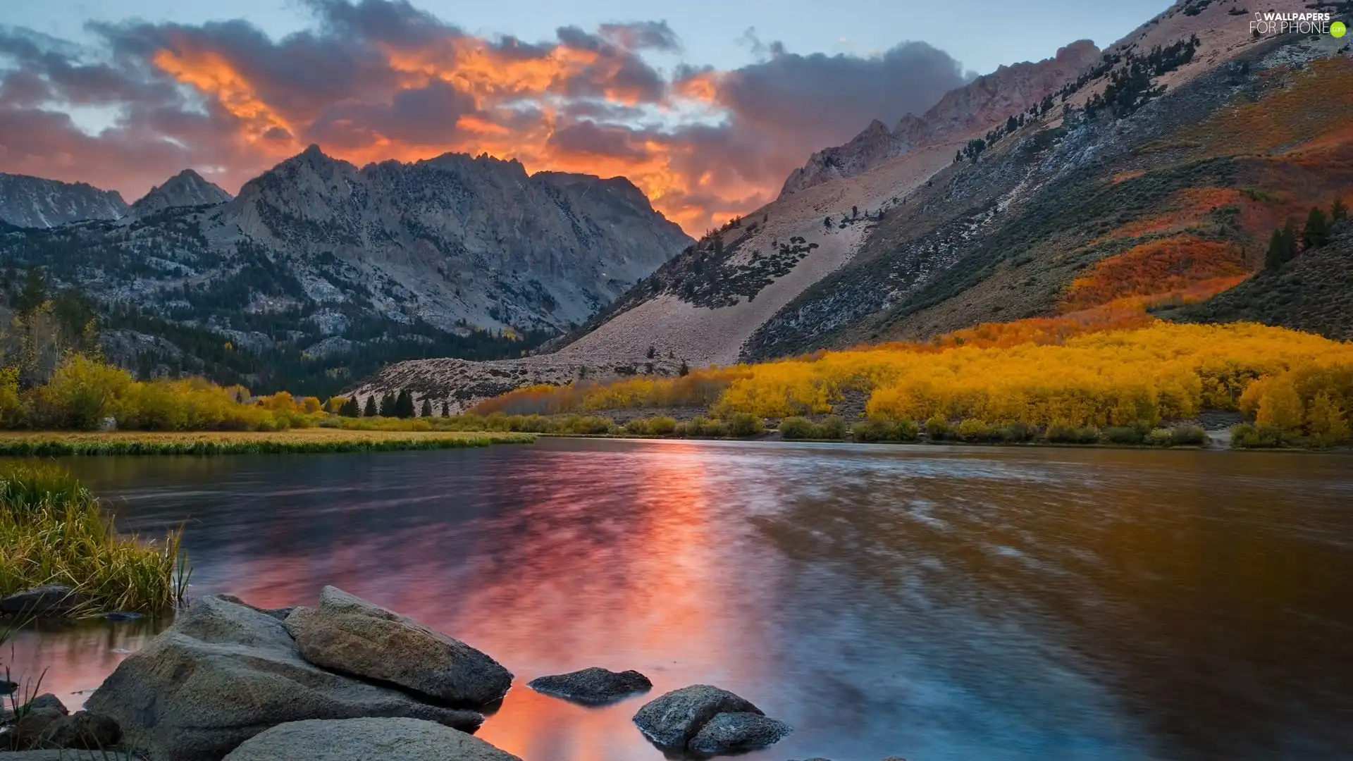 Mountains, west, sun, River