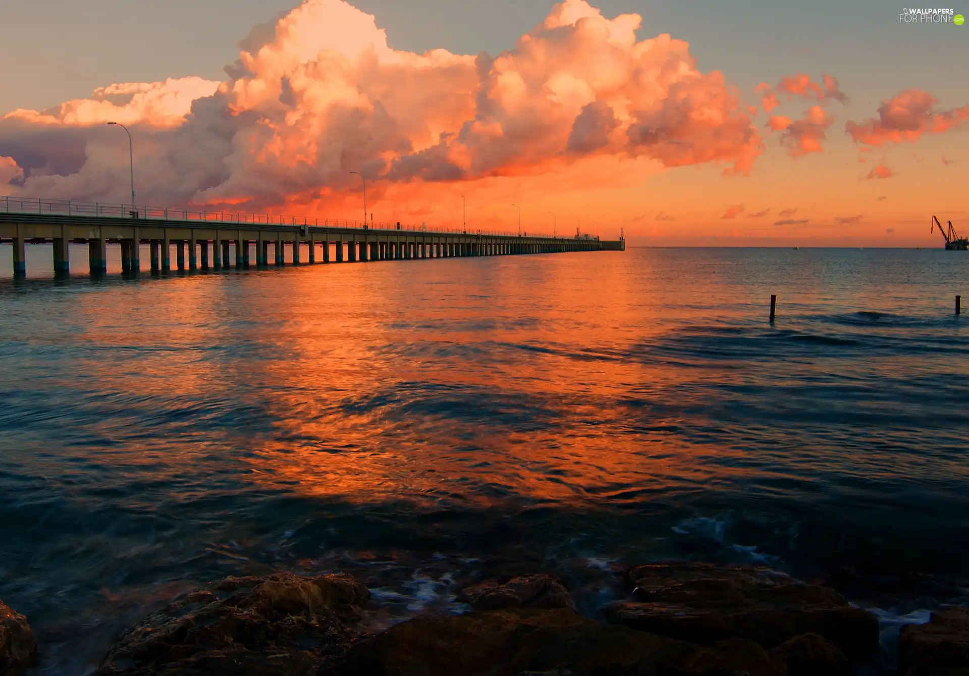 sun, pier, clouds, west, sea