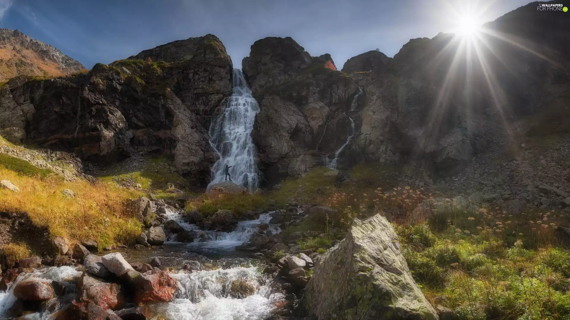waterfall, Mountains, Plants, sun, River, rocks