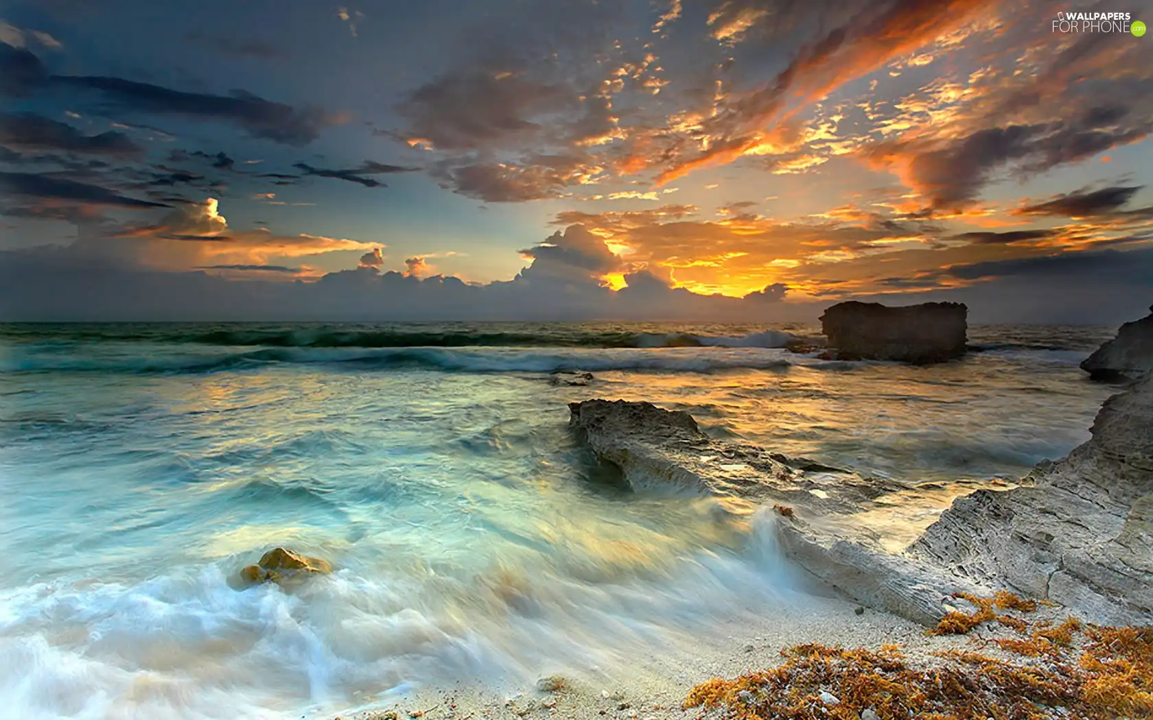 sun, rocks, Waves, west, sea
