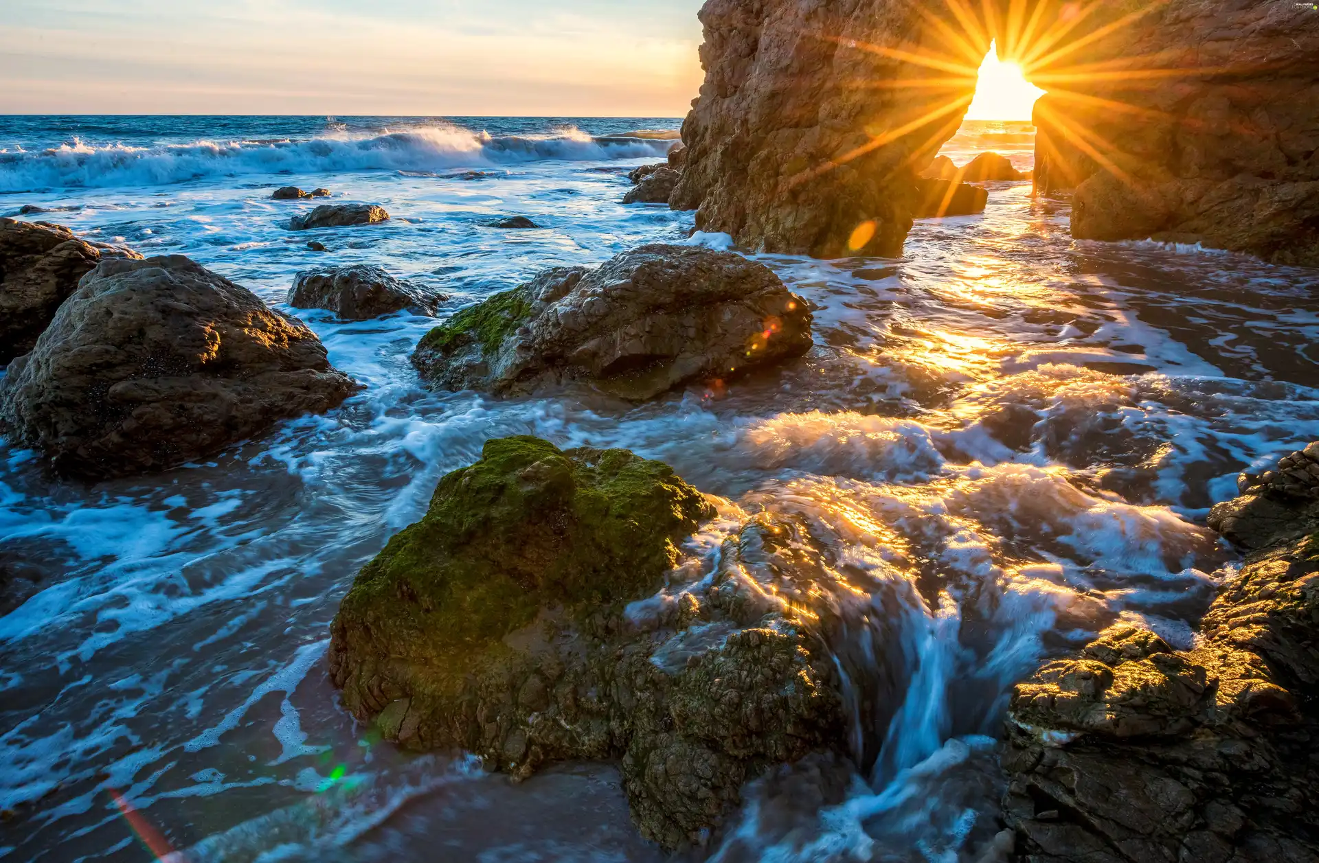 sea, rays, sun, rocks