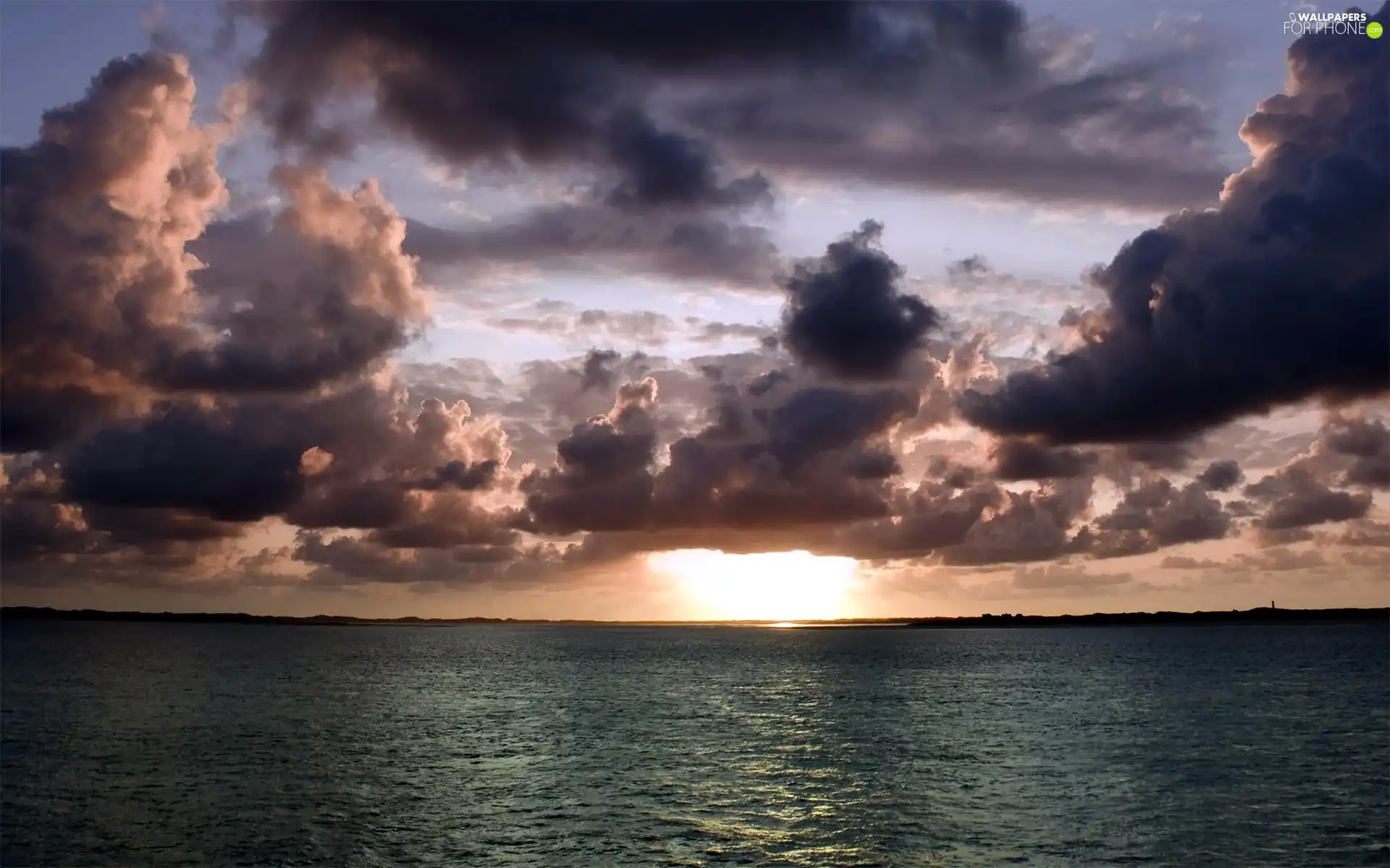 sea, west, sun, clouds