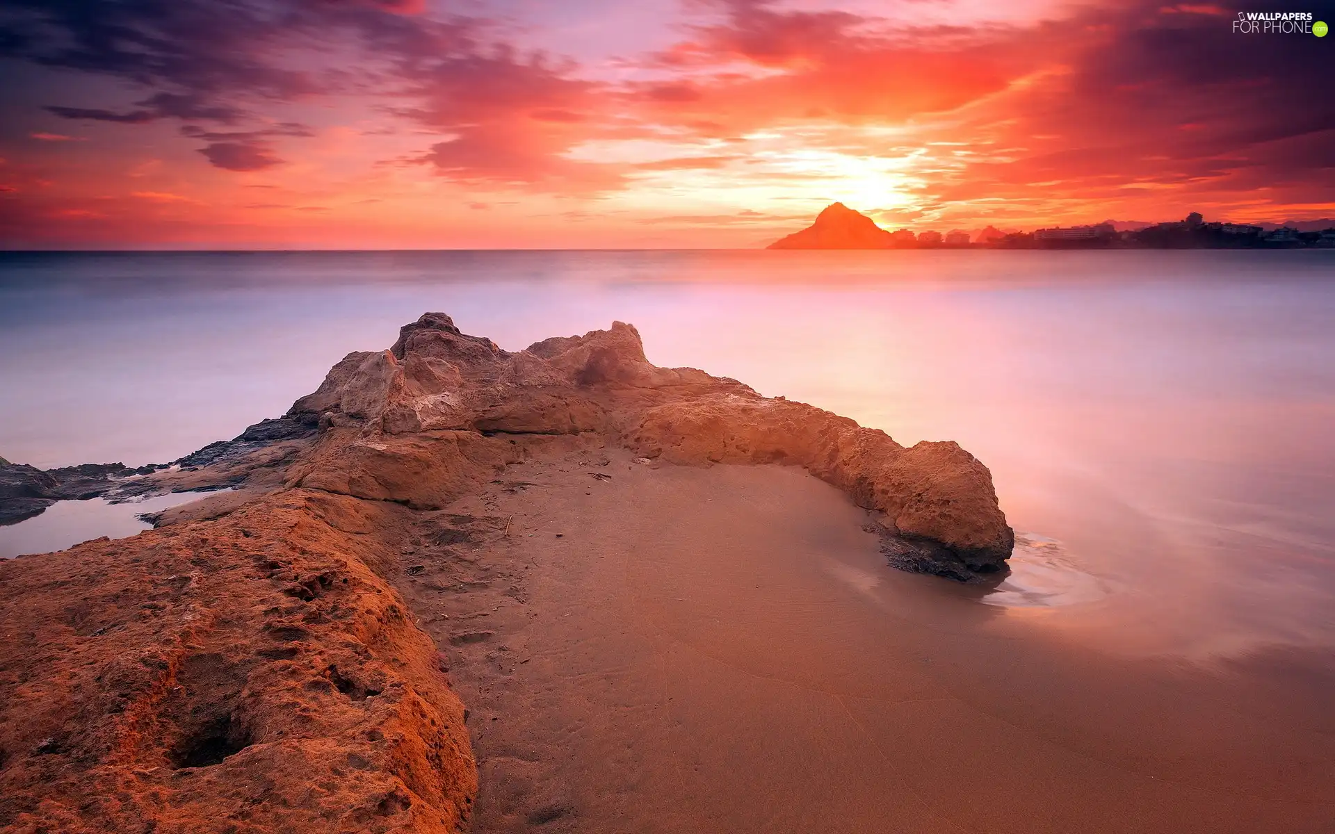 sea, west, sun, rocks