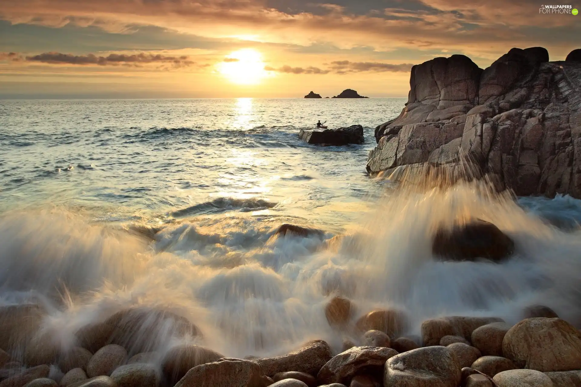 sea, west, sun, rocks