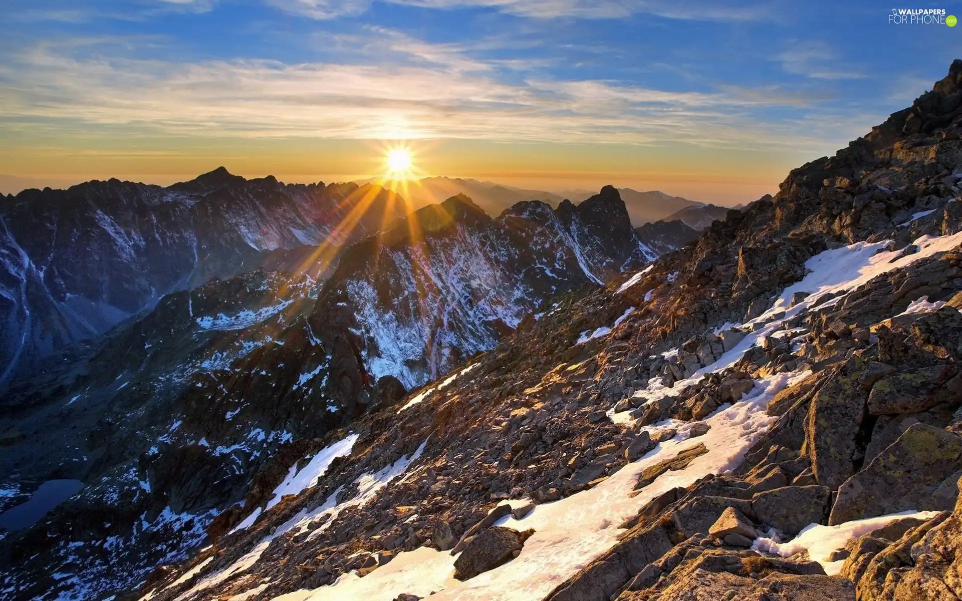 sun, Sky, Mountains, rays, Snowy