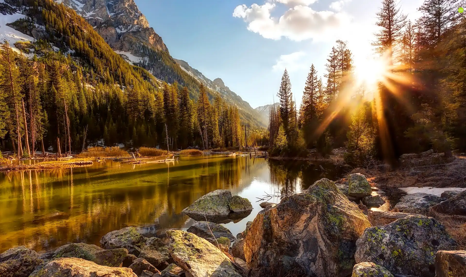 sun, Stones, River, rays, Mountains